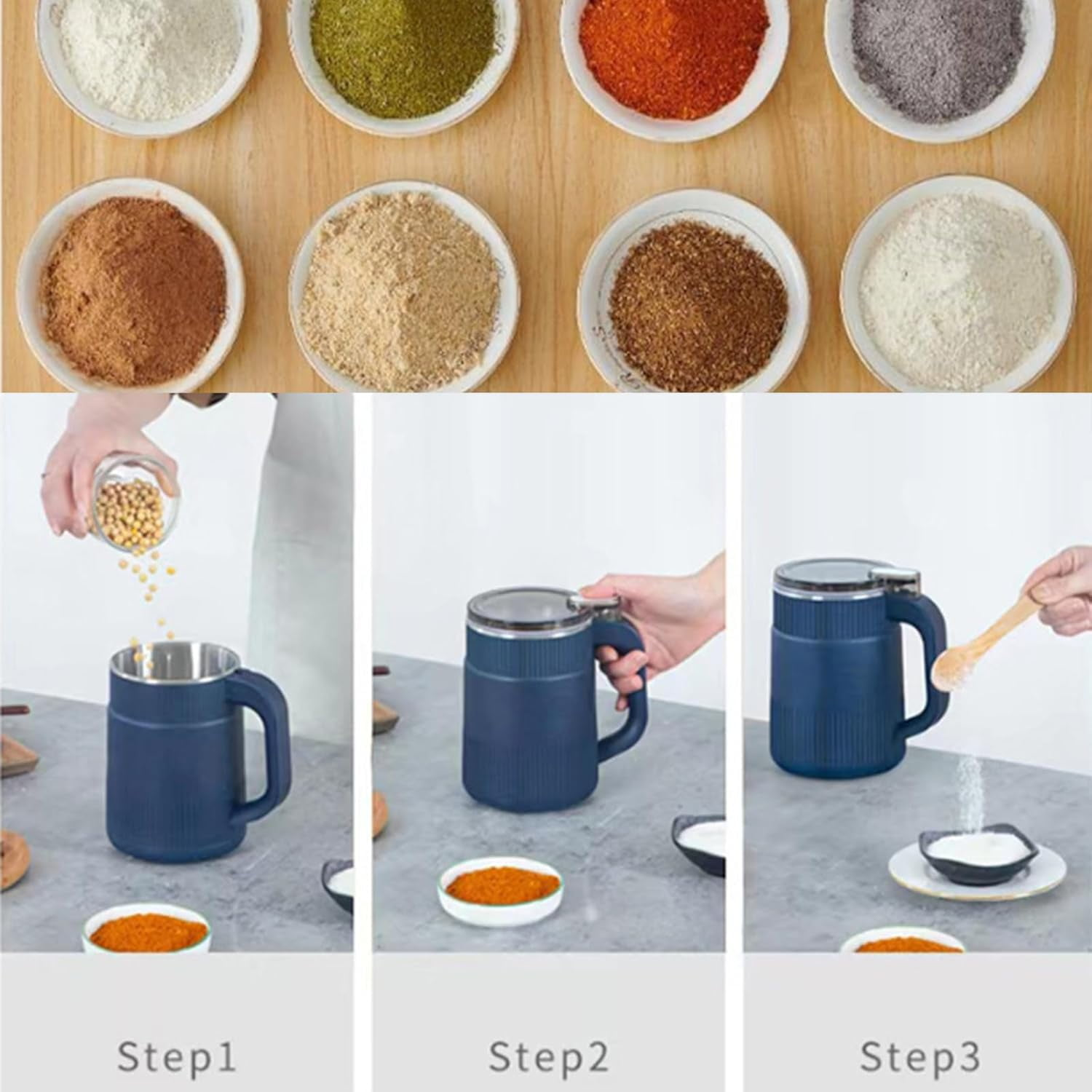 Schüssel mit Pulvern, dann Schritte 1-3: Bohnen in Becher, Pulver daneben, Pulver schöpfen.