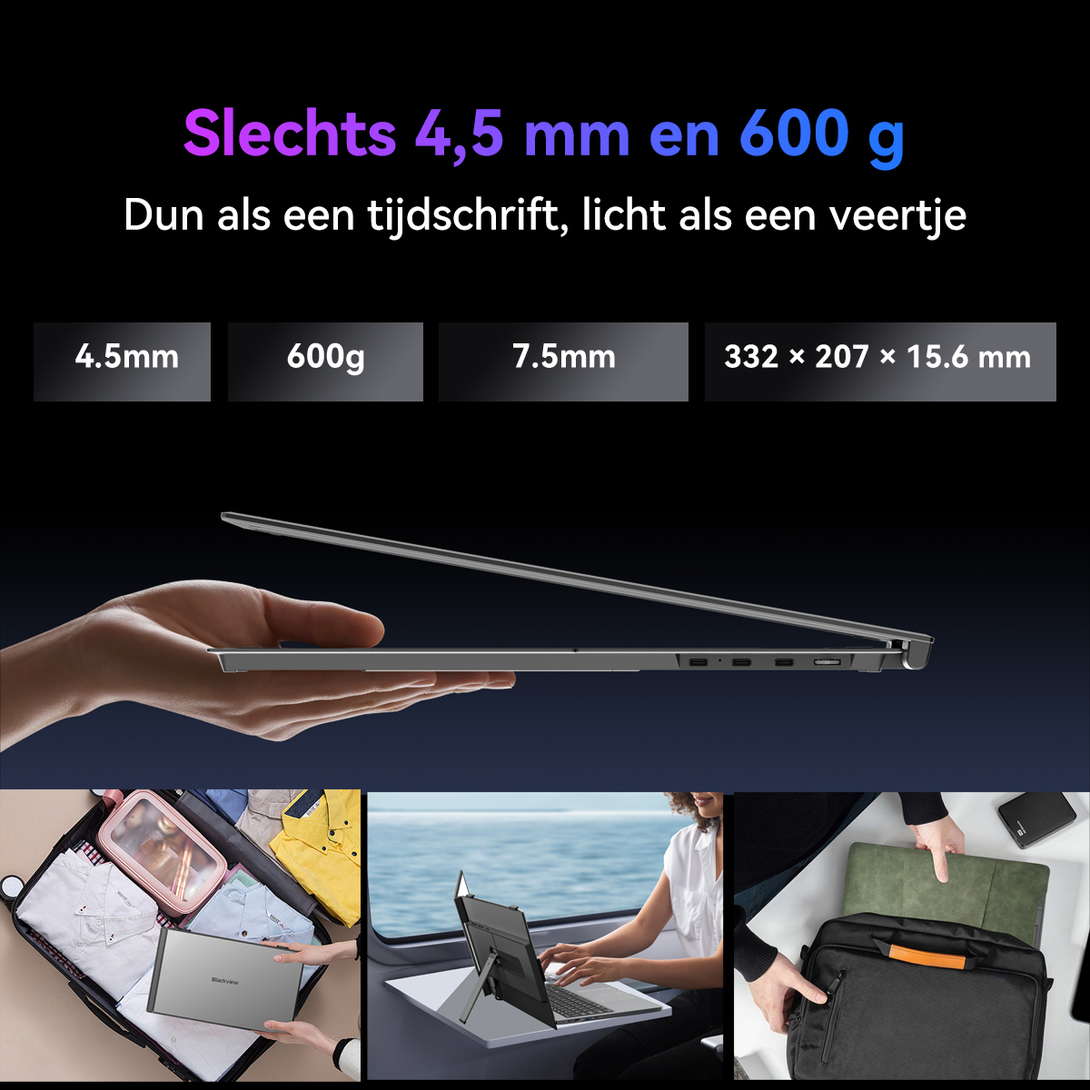 Een 4,5 mm dunne, 600 g lichte laptop wordt vastgehouden. Onder drie scènes: inpakken, werken aan boord, opbergen.
