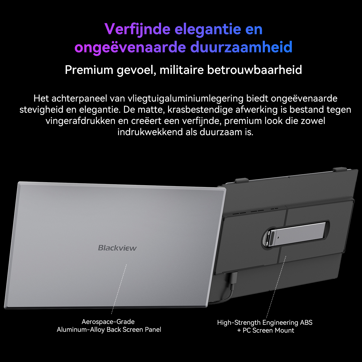 Achterkant van een laptop van aluminiumlegering en een zwarte hoes.