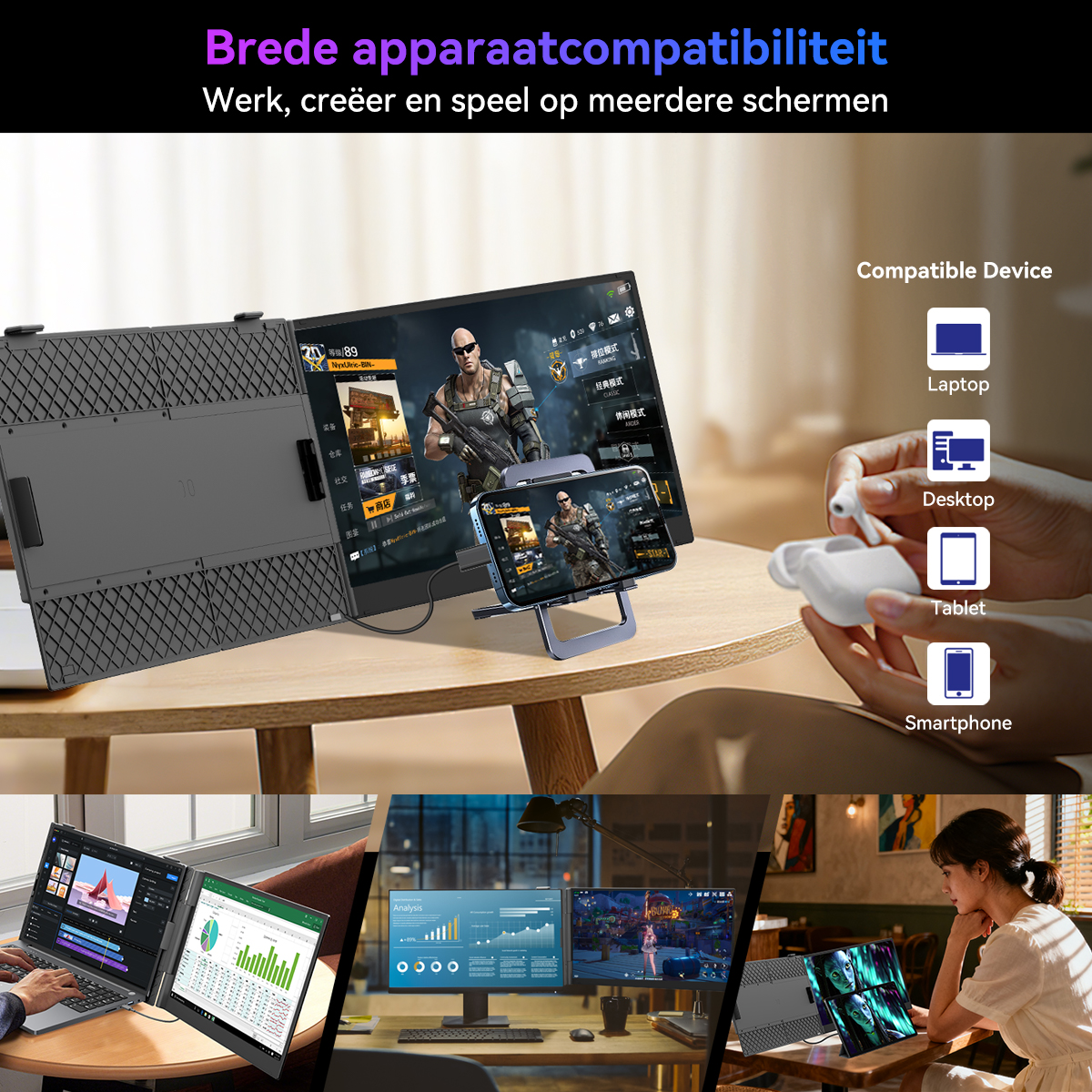 Een draagbare monitor toont een spel met smartphone, compatibel met laptops.