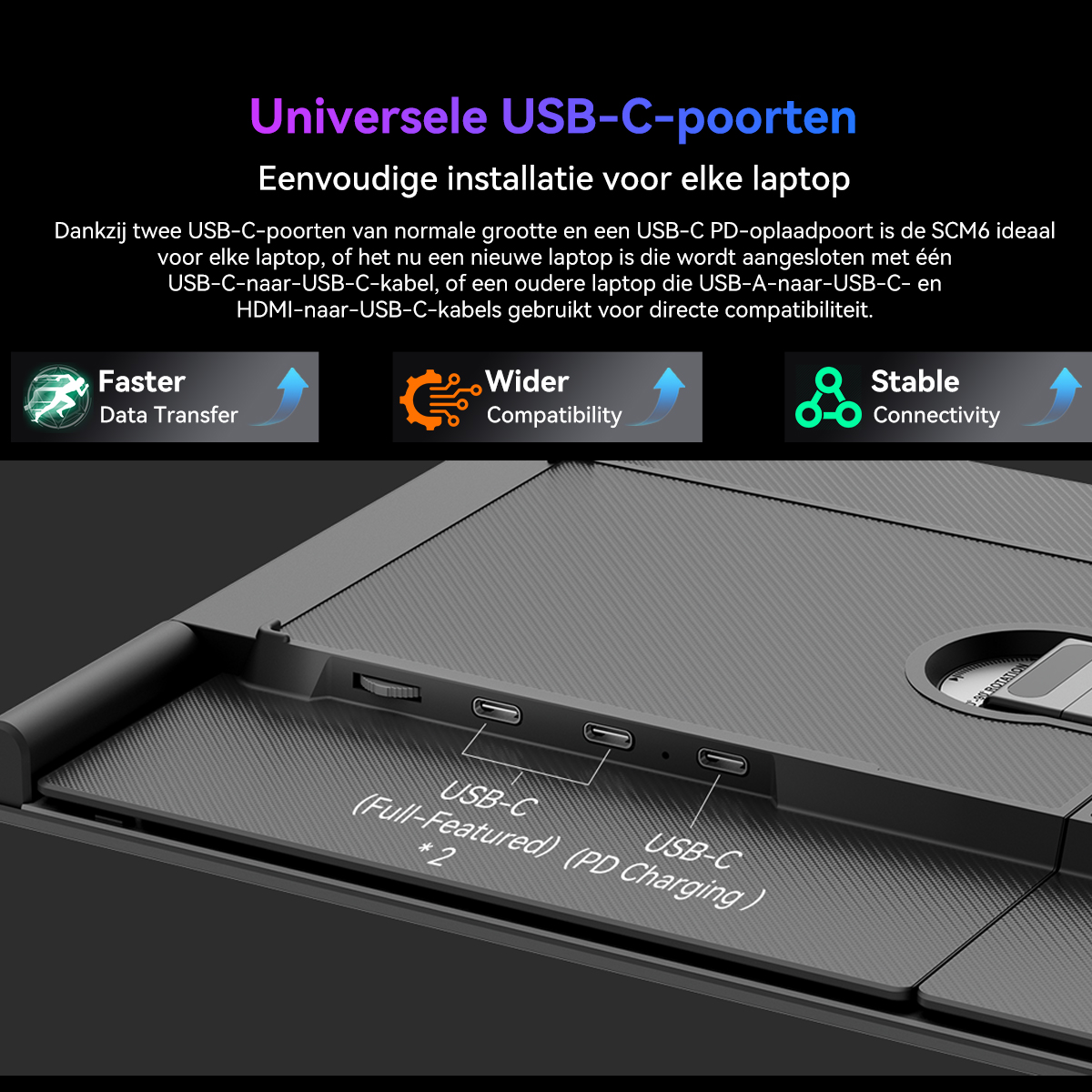 Close-up van laptop USB-C-poorten met drie iconen voor dataoverdracht, compatibiliteit en connectiviteit.