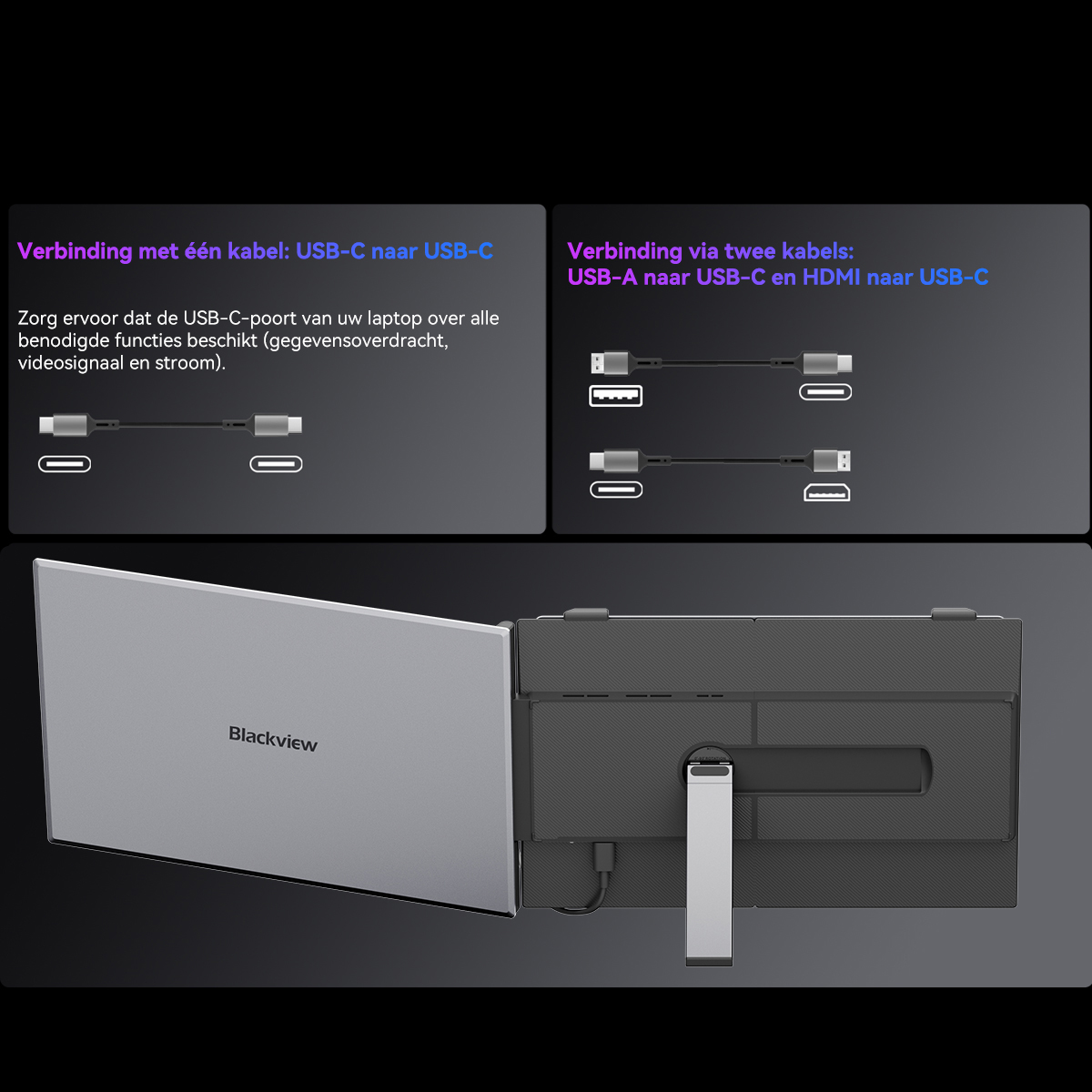 Een draagbare monitor met USB-C en USB-A/HDMI aansluitopties.