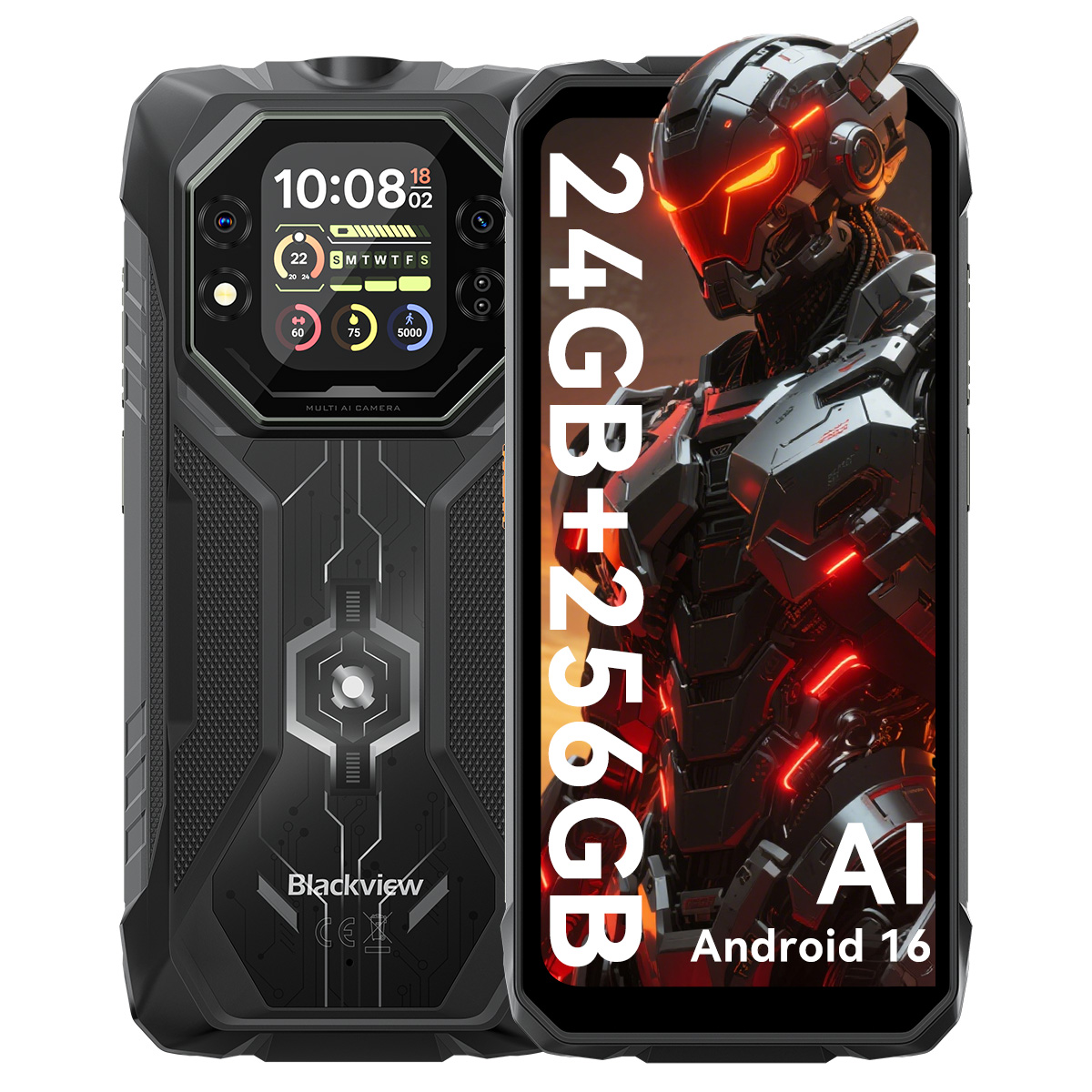 Zwarte smartphone met achterkant en display met een cyborg.