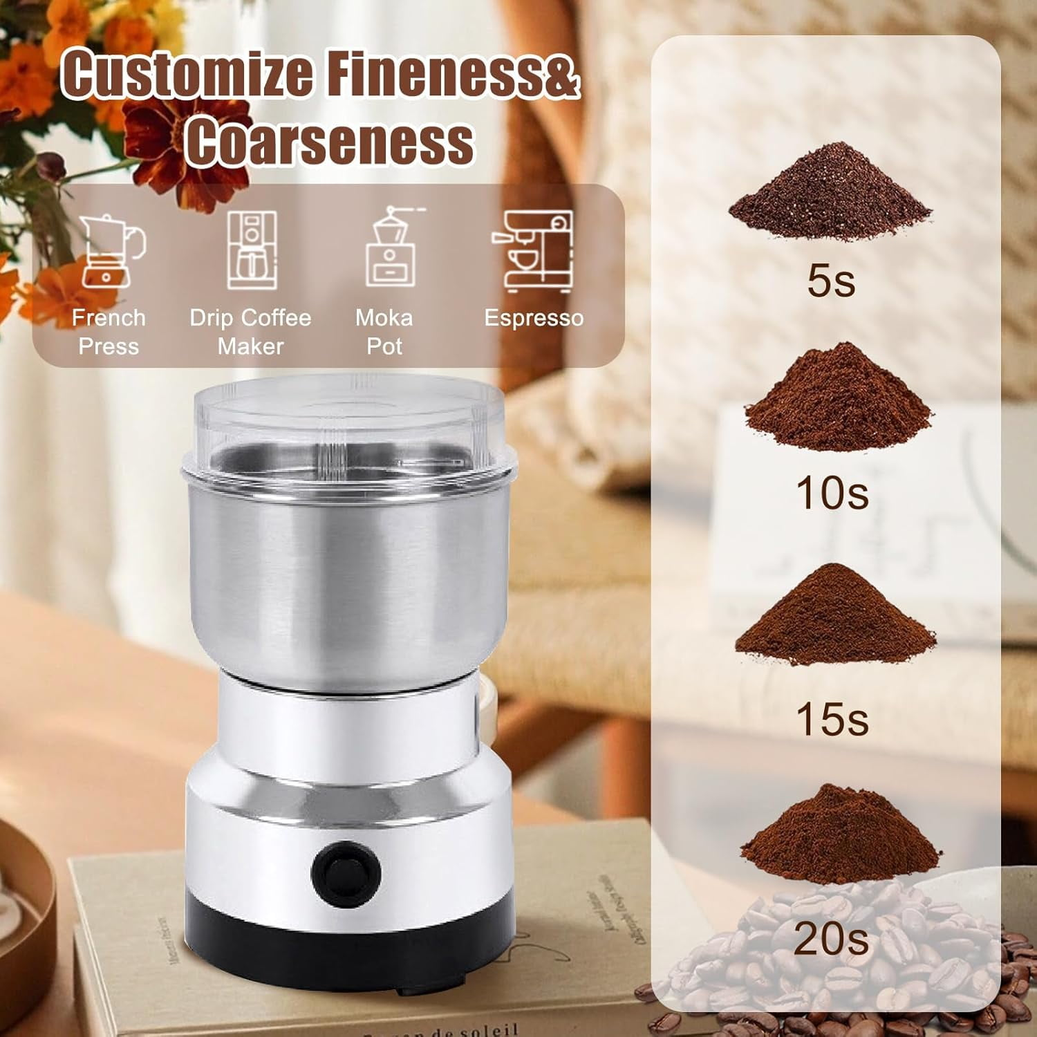 Kaffeemühle mit verschiedenen Mahlgraden: fein (5s) bis grob (20s).