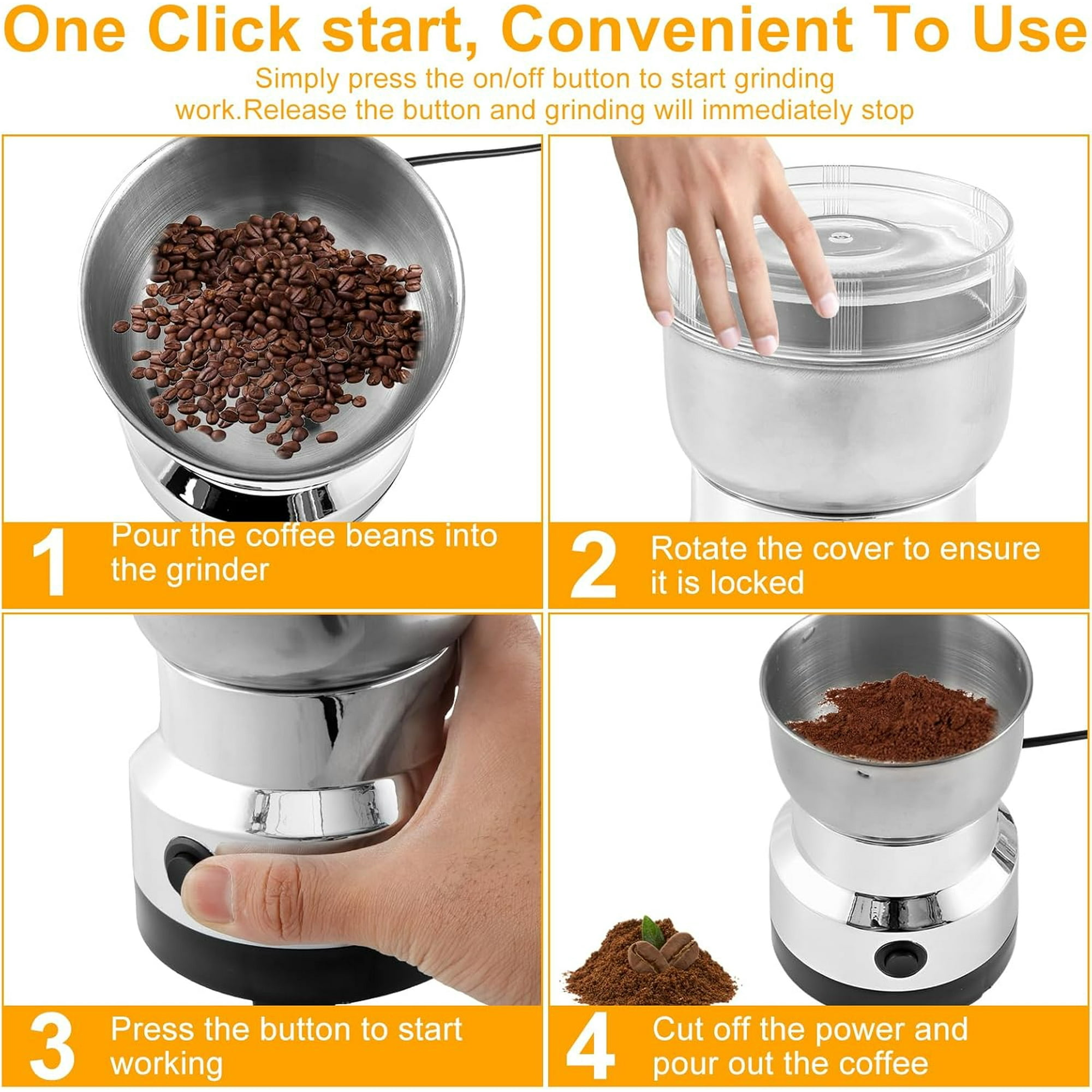 Anleitung zum Mahlen von Kaffeebohnen: Bohnen einfüllen, Deckel verriegeln, Knopf drücken, Kaffee entnehmen.