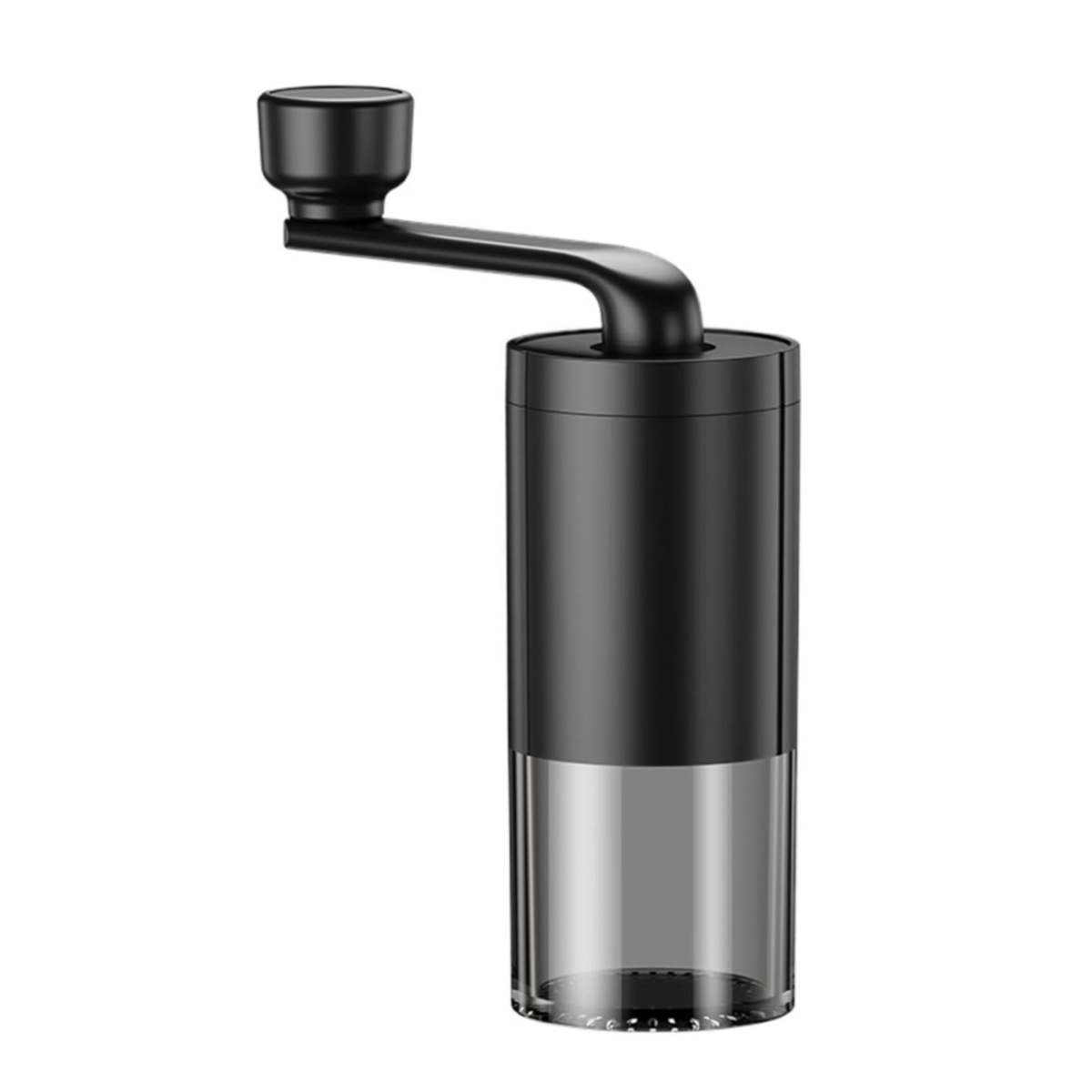 Schwarzer Kaffeemühle mit Kurbel und transparentem Behälter.