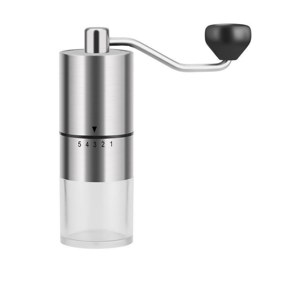 Silberne Kaffeemühle mit schwarzem Griff und Glasbehälter. Einstellskala.