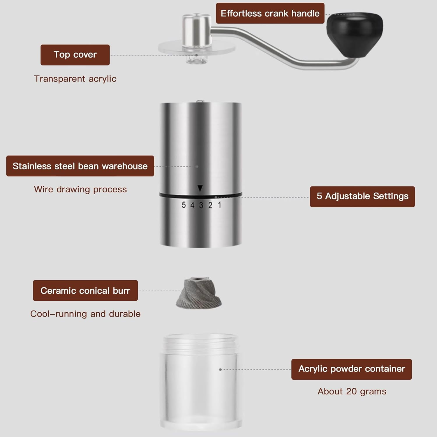 Kaffeemühle mit silbernem Edelstahlgehäuse, schwarzem Griff und Glasbehälter.