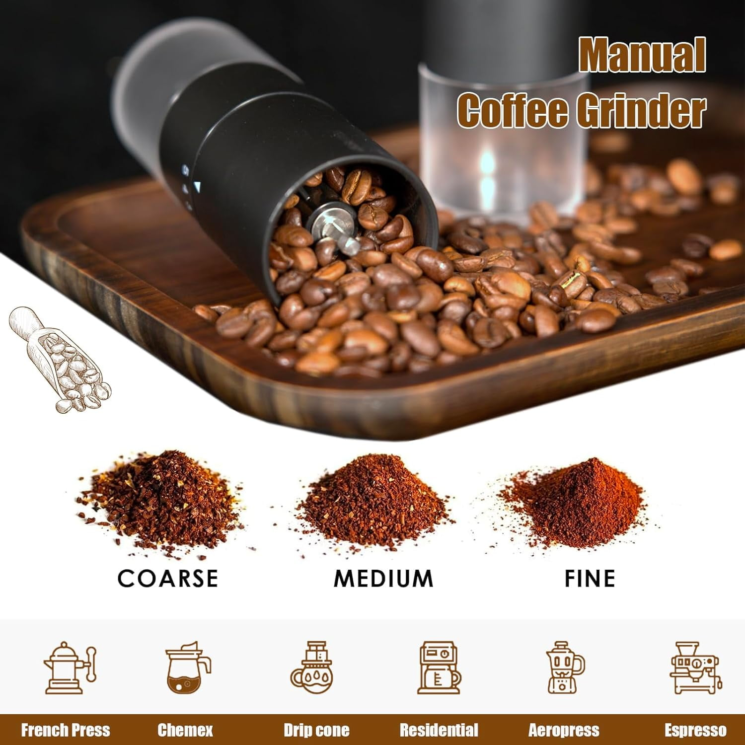 Manueller Kaffeemühle mit Bohnen, groben, mittleren, feinen Mahlungen. Kaffeemaschinen-Icons.