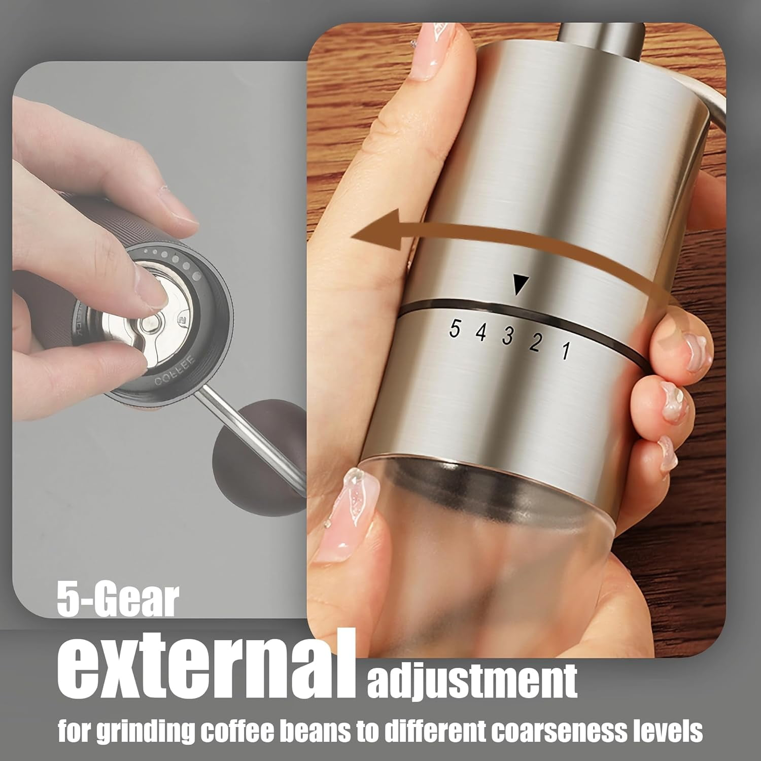 Edelstahl-Kaffeemühle mit externer 5-Gang-Einstellung für verschiedene Mahlgrade.