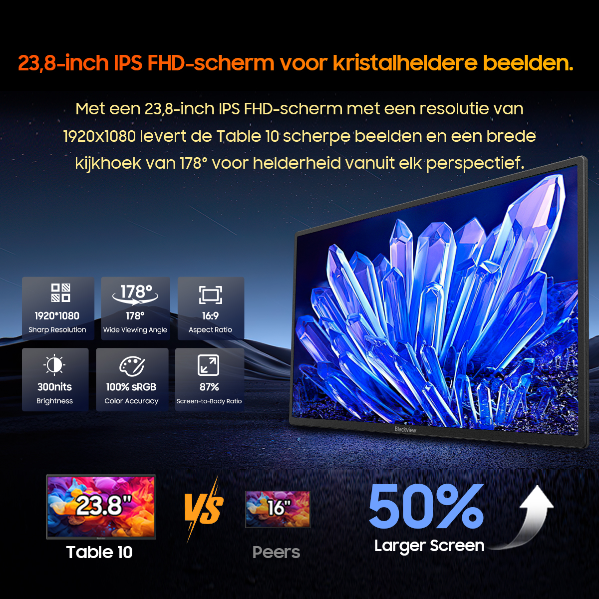 23,8-inch IPS FHD-scherm met blauwe kristallen. Specificaties: 1920x1080, 178° kijkhoek.