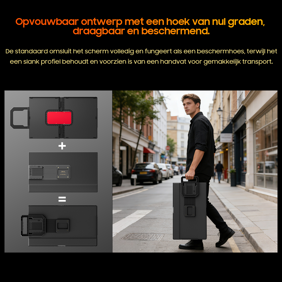 Een man draagt een opvouwbare hoes in een straat.