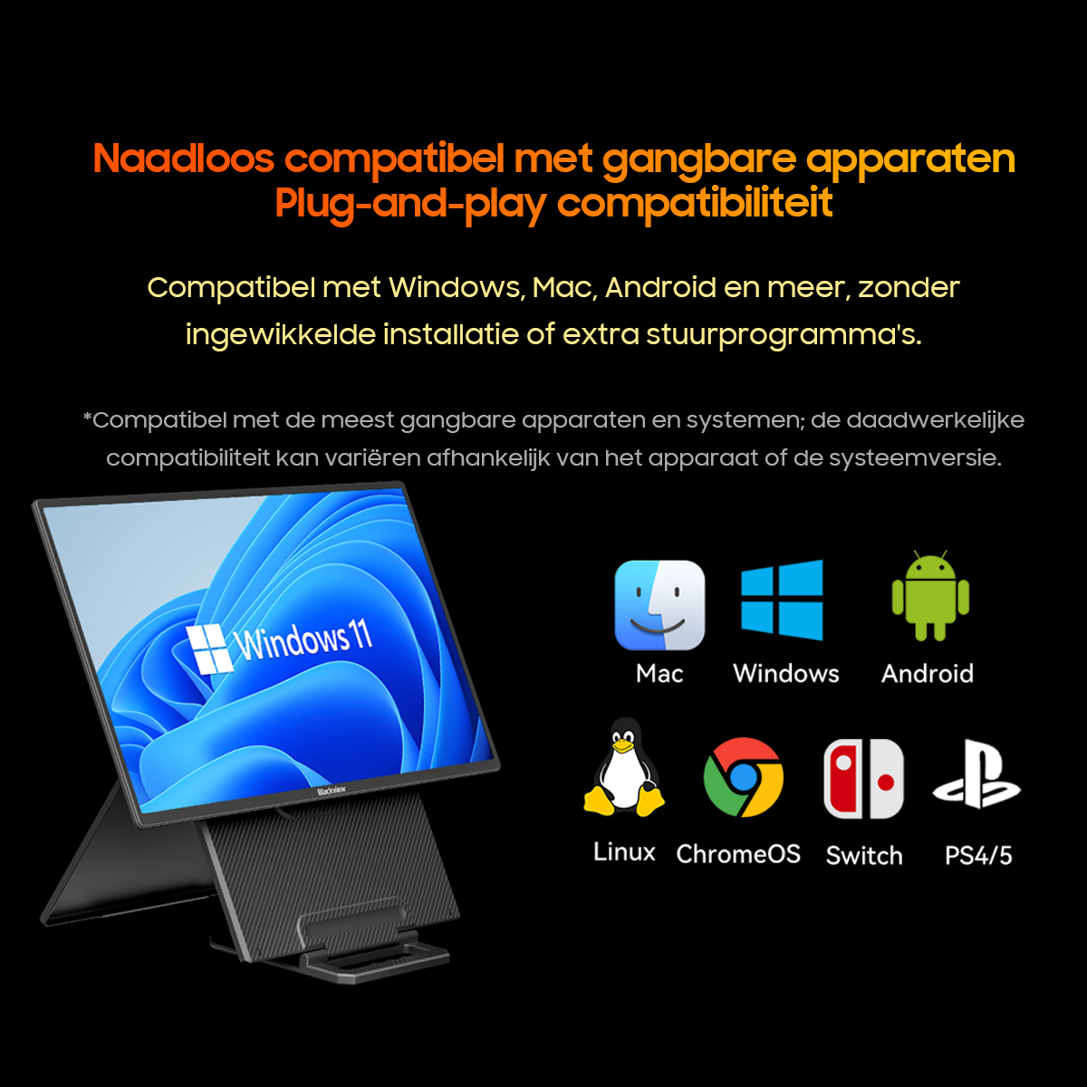 Een monitor met Windows 11, met logo's voor Mac, Windows, Android, Linux, ChromeOS, Switch, PS4/5.