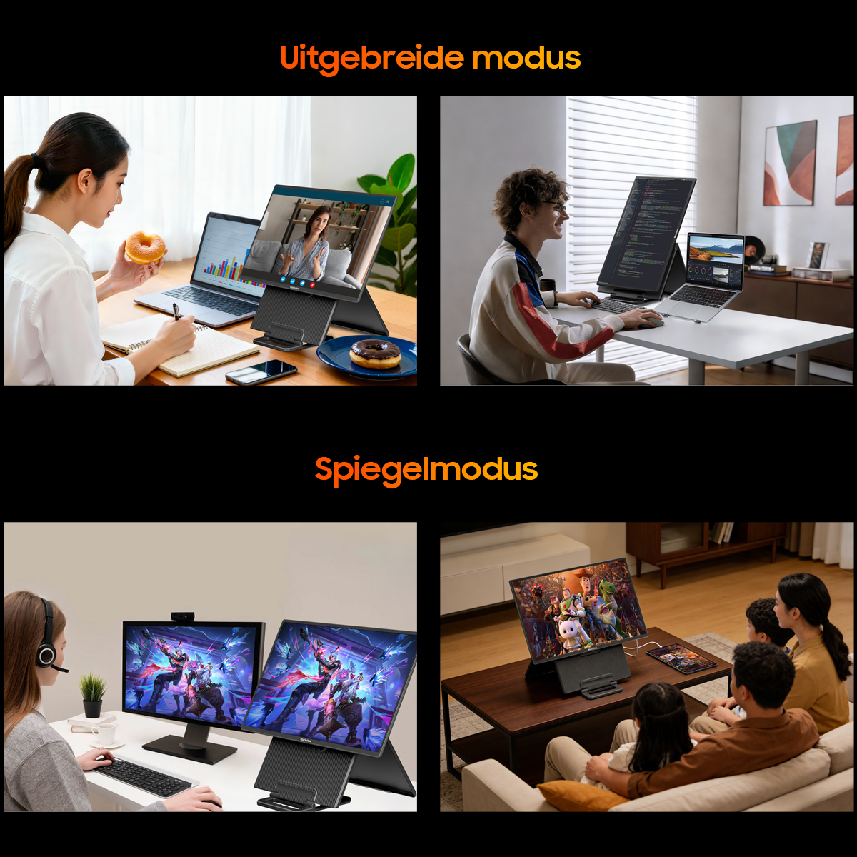 Vier scènes tonen laptop-opstellingen: online vergadering, programmeren, gamen en familie-entertainment.