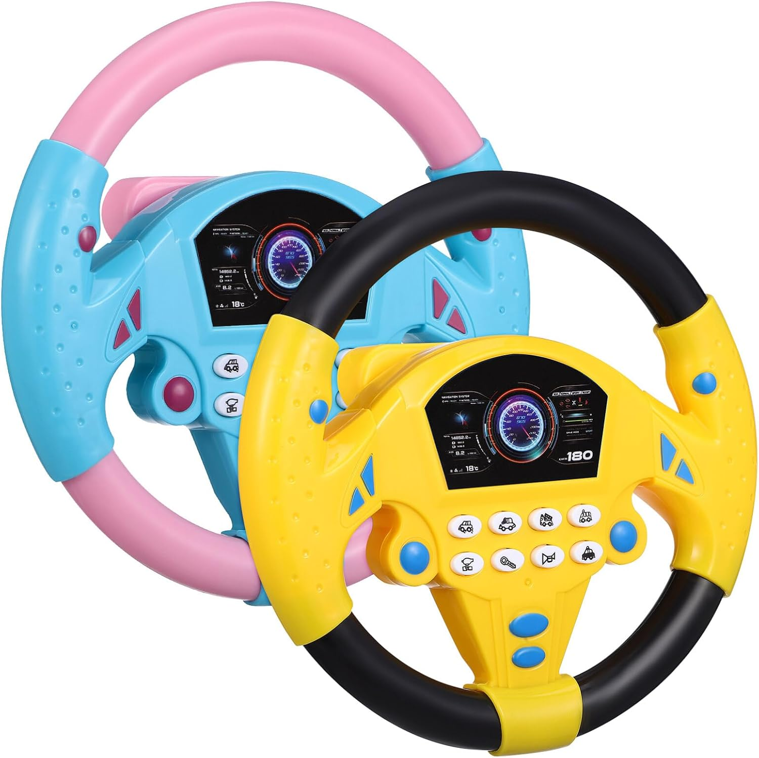 Zwei Spielzeuglenkräder, eines gelb, eines blau mit rosa Rand. Beide haben Knöpfe.