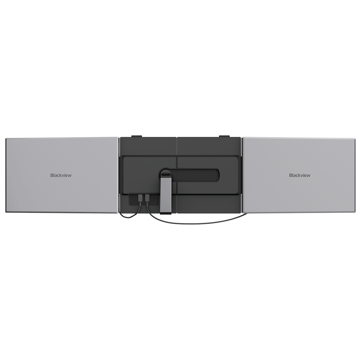 Back view of a laptop with two side screens and cables.