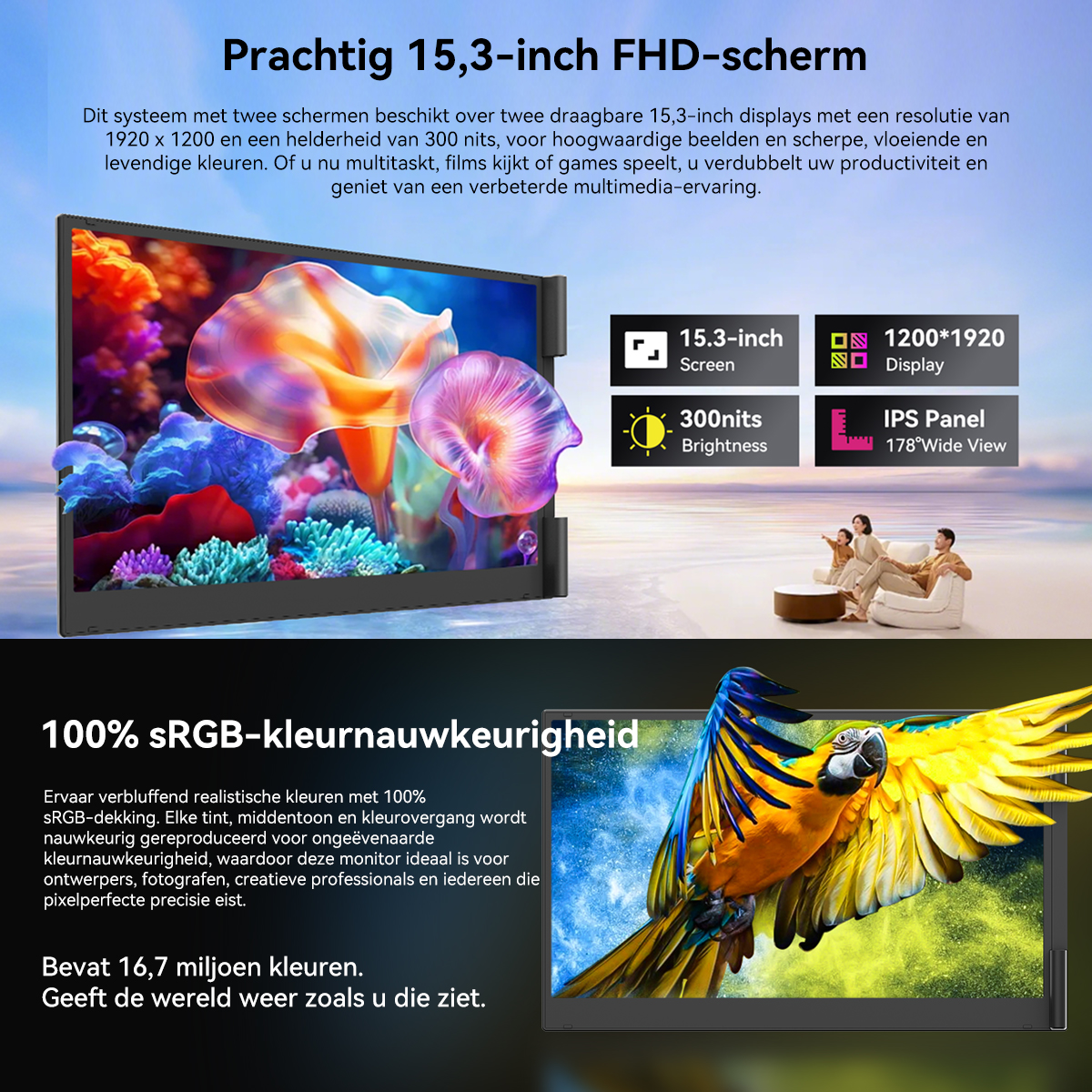 Two 15.3-inch FHD screens with vibrant colors and an image of a macaw.