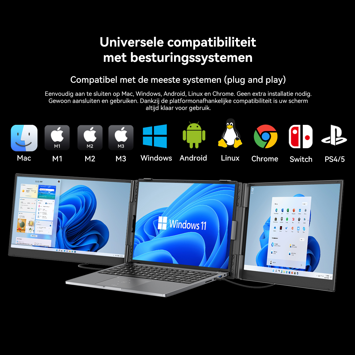 Laptop with three screens, compatible with Mac, Windows, Android, Linux, Chrome, Switch, PS4/5.