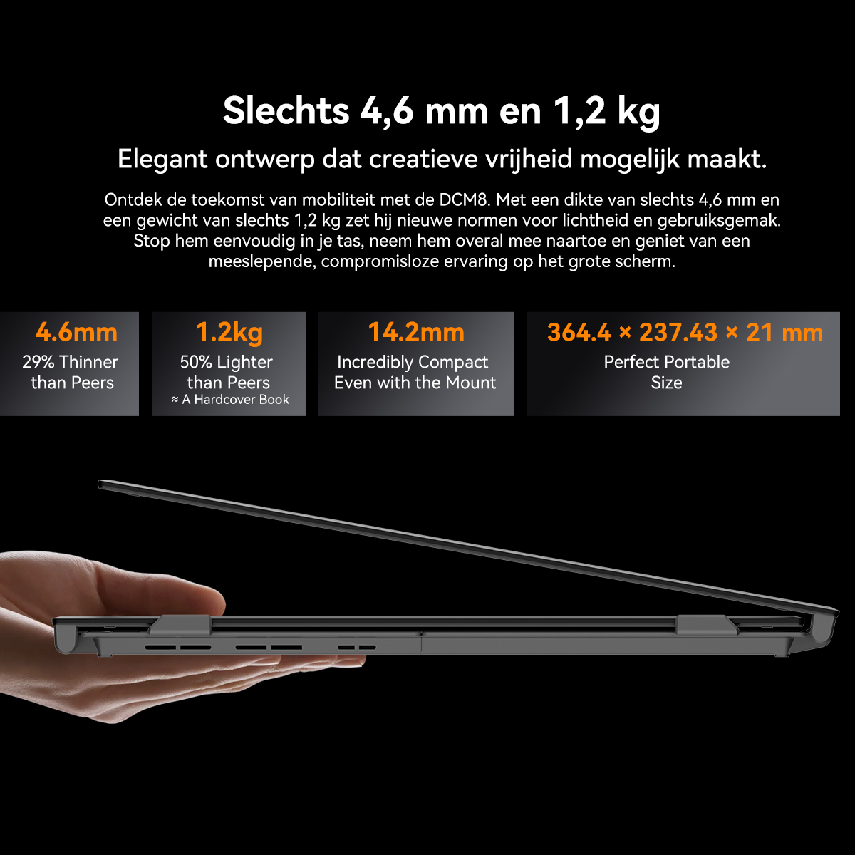 A laptop in profile on a hand. 4.6mm thin, 1.2kg weight.