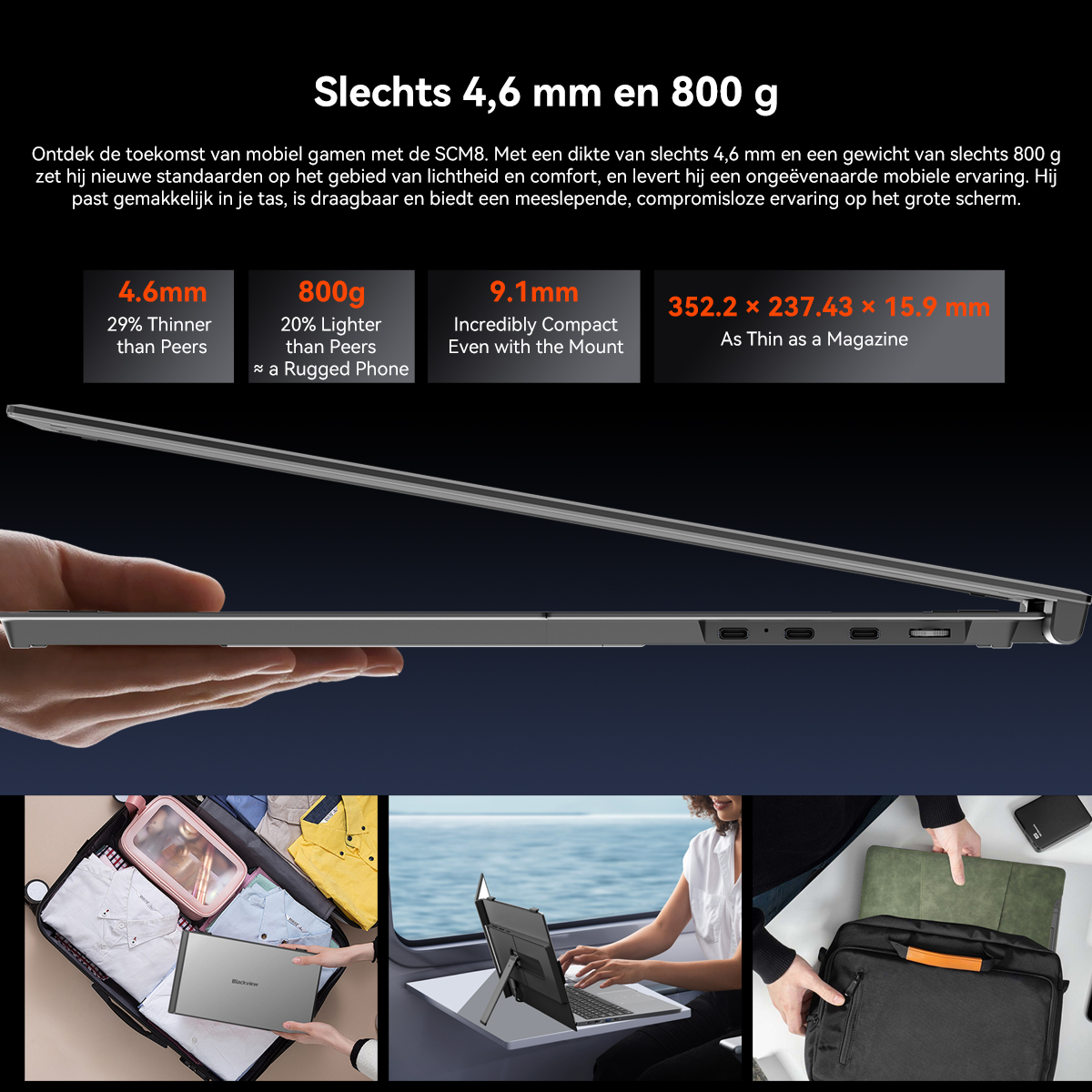 Een slanke laptop, 4,6 mm dun en 800 g, wordt in de hand gehouden.