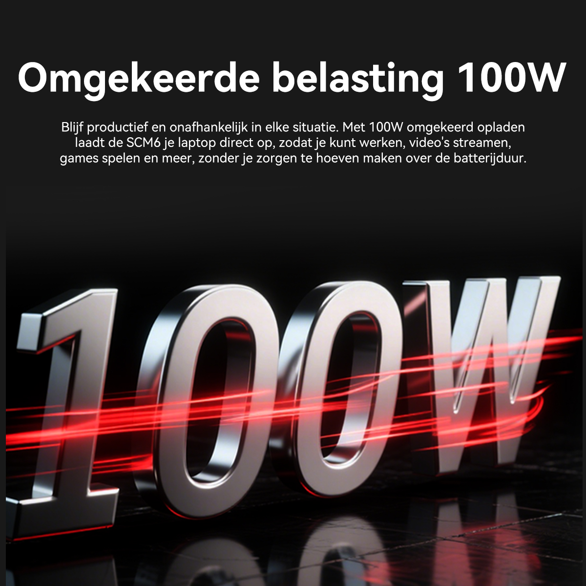 Grote zilveren cijfers 100W met rode lichtstrepen op zwarte achtergrond.