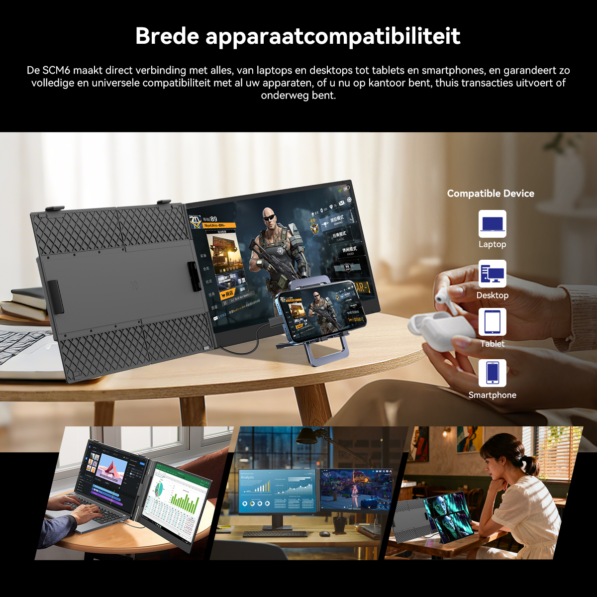 Een draagbare monitor, smartphone en laptop zijn verbonden, met apparaatcompatibiliteitsiconen.
