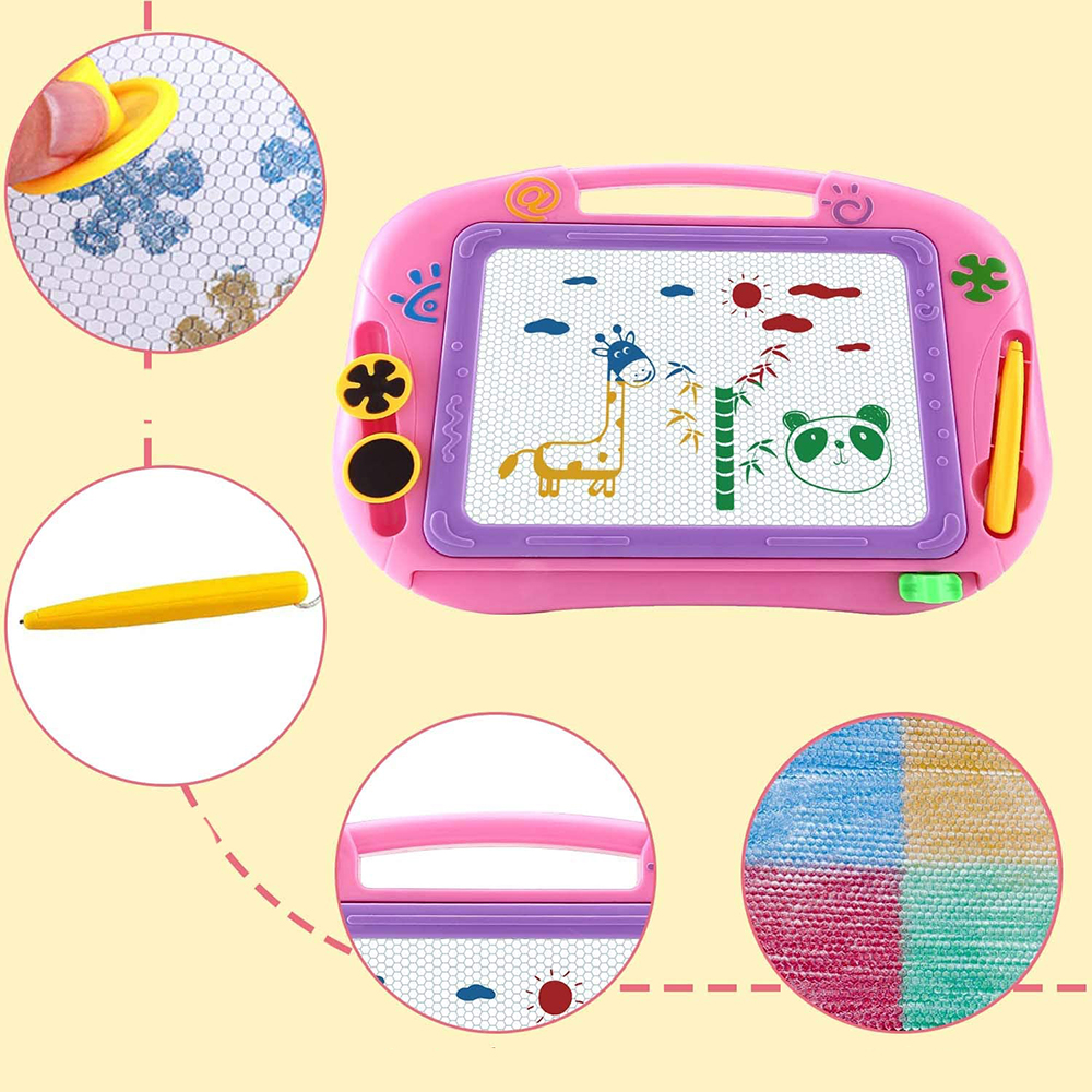 Ein rosa Magnettafel-Zeichenbrett mit einem Giraffen-, Panda-, Sonnen- und Bambusbild.