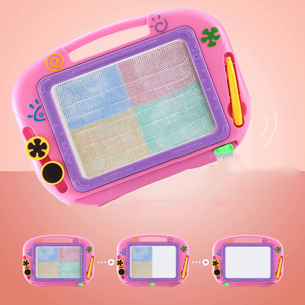 Ein rosa Magnet-Zeichentafel mit einem Stift und vier farbigen Bereichen.