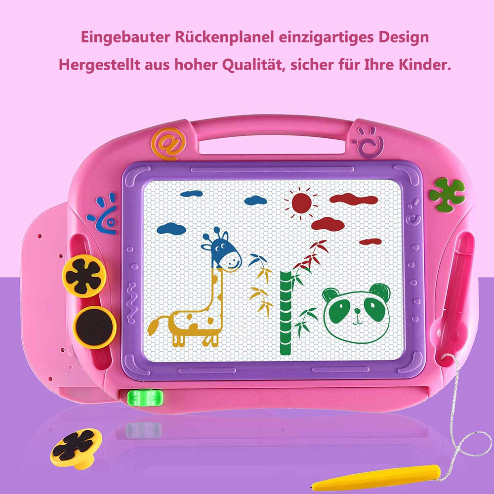 Ein rosa Magnettafel mit Giraffe, Panda, Sonne und Wolken. Enthält Stifte.