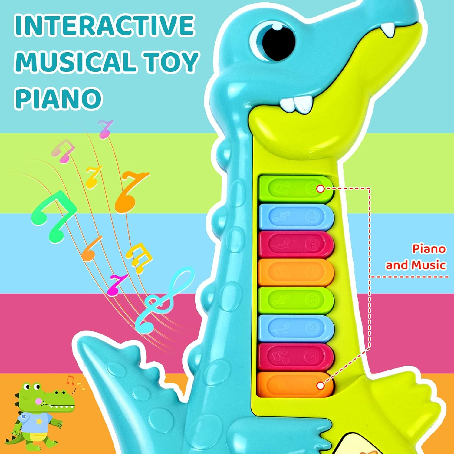 Blaues Dinosaurier-Klavierspielzeug mit bunten Tasten und Noten. Text: Interaktives Musikklavier.