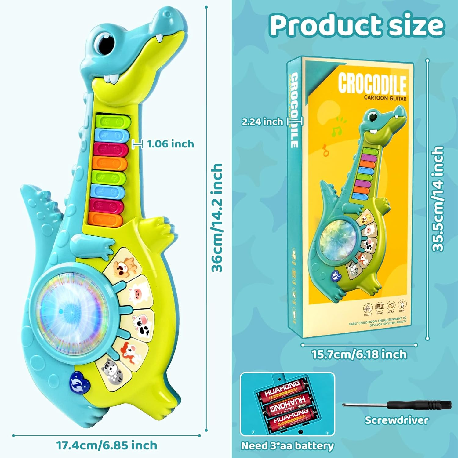Ein blau-gelbes Krokodil-Gitarrenspielzeug mit bunten Tasten und Tiertasten. Maße angezeigt.