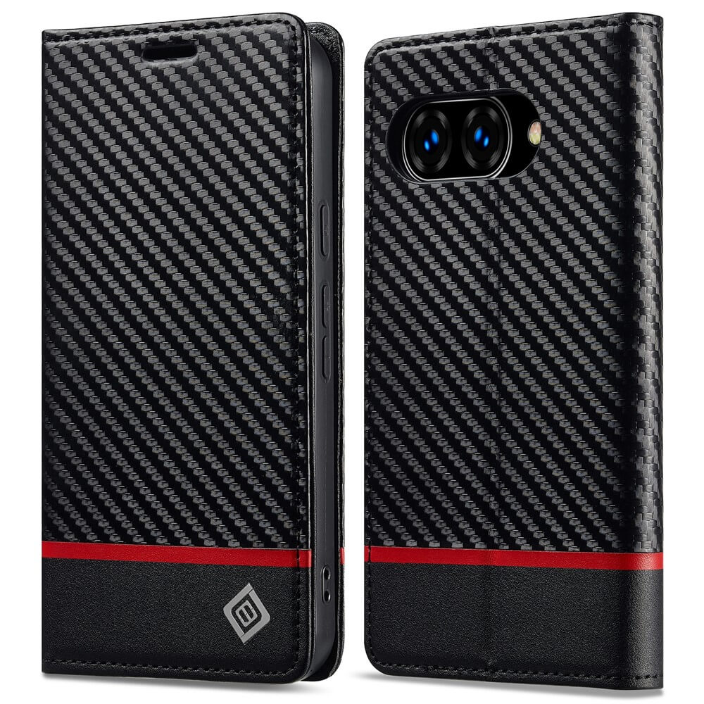 Custodia nera per telefono con motivo carbonio e striscia rossa, aperta e chiusa.