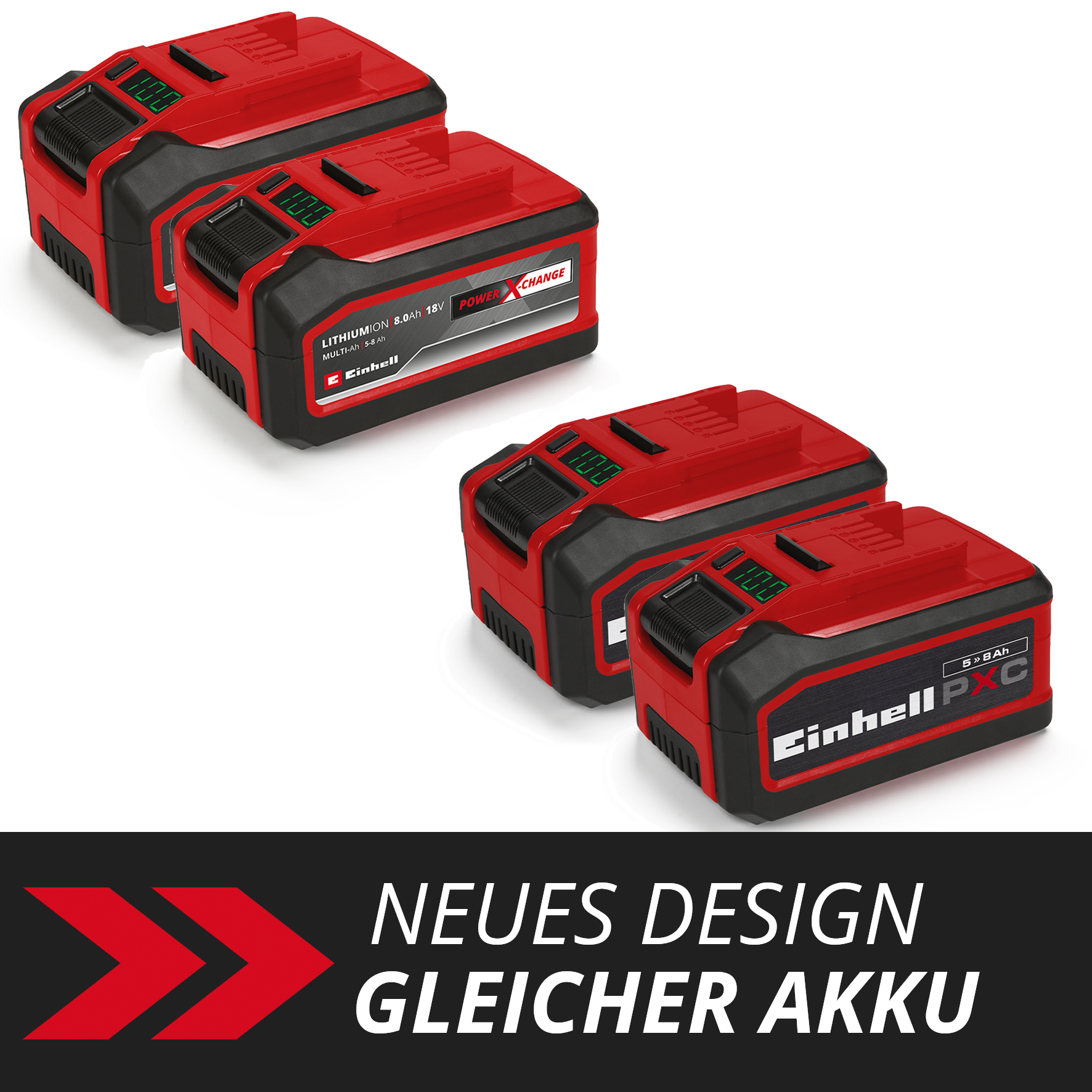 Vier rote und schwarze Akkus mit digitalen Anzeigen.
