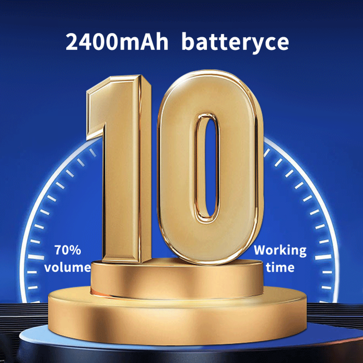 Goldene 10 auf Podest, 2400mAh Akku, 70% Lautstärke, Arbeitszeit.