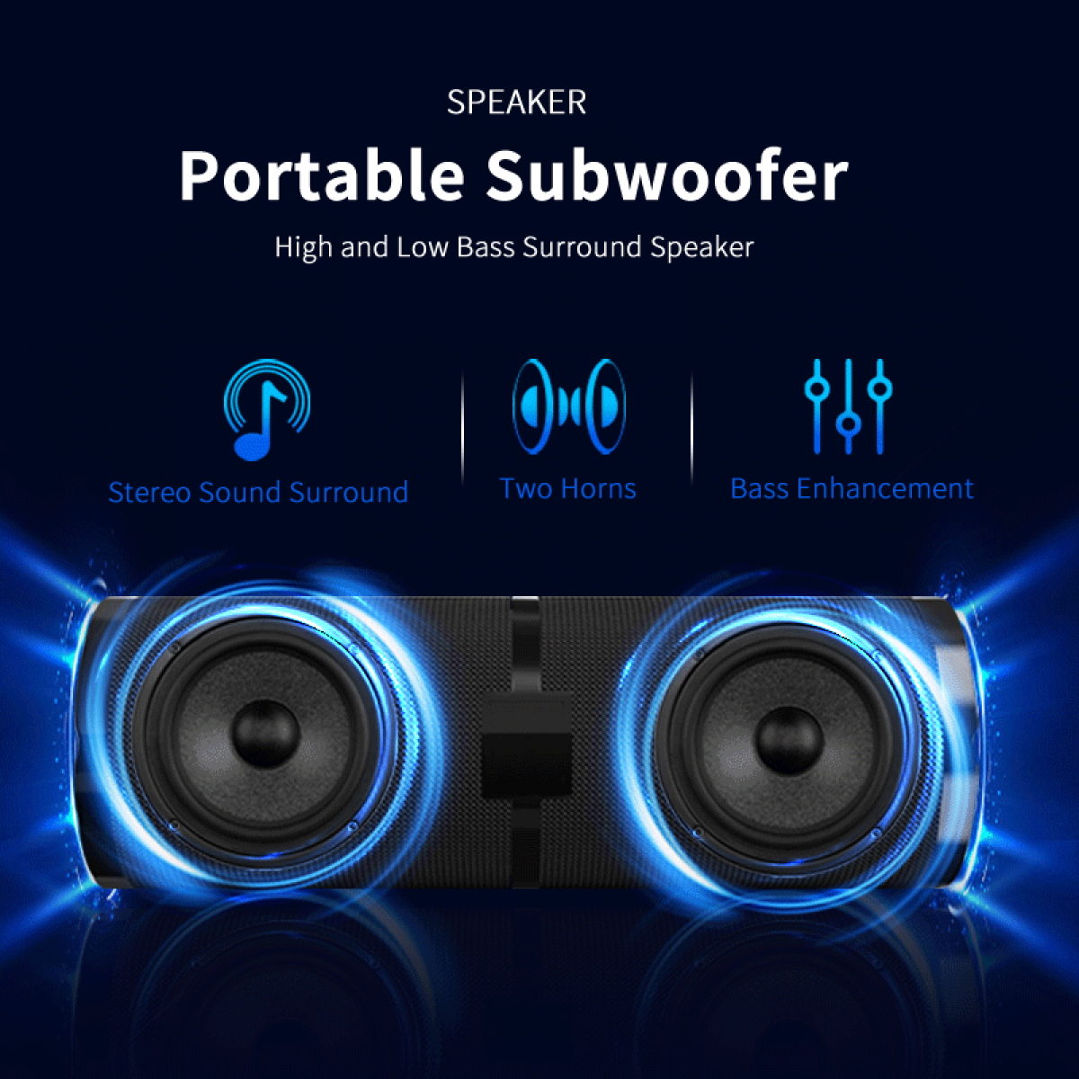 Ein schwarzer tragbarer Subwoofer mit zwei Lautsprechern, umgeben von blauen Lichteffekten.