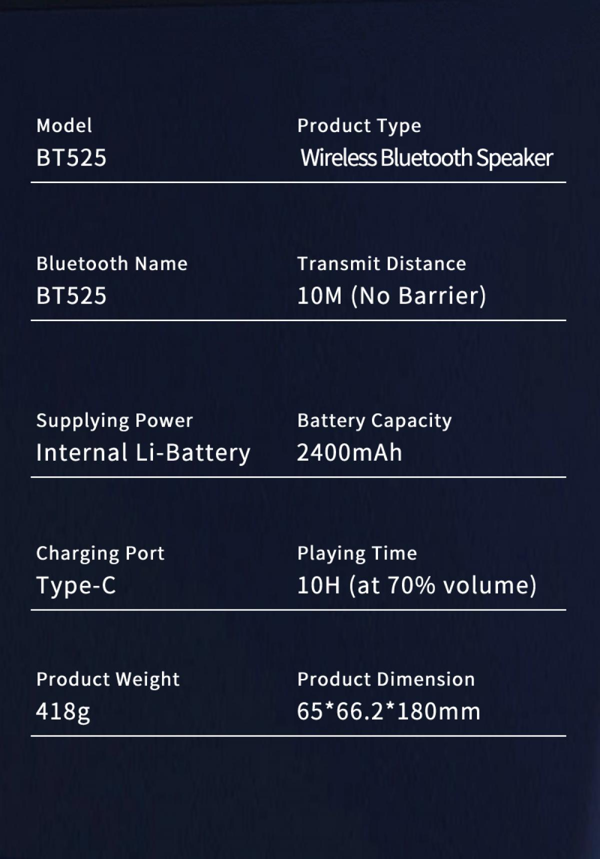 Spezifikationen: Modell BT525, kabelloser Lautsprecher, 10m Reichweite, 2400mAh Akku.