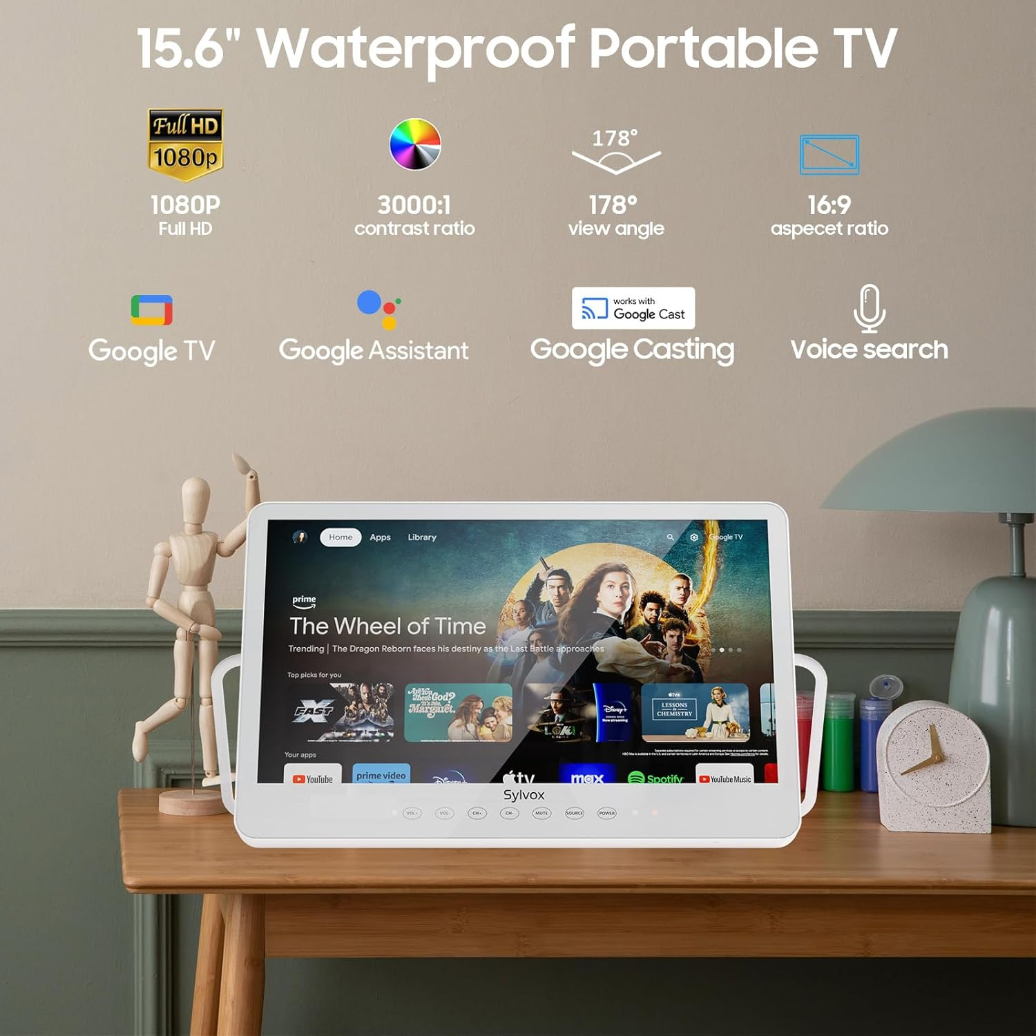 Televisor portátil impermeable de 15.6" con Google TV y apps.