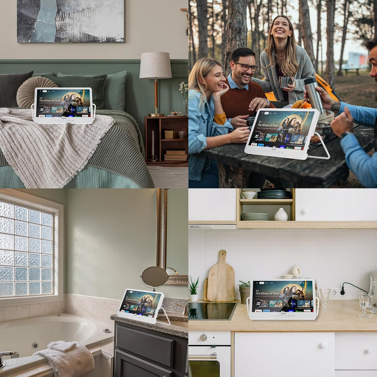 Collage eines Tablets in verschiedenen Umgebungen: Schlafzimmer, draußen, Bad und Küche.