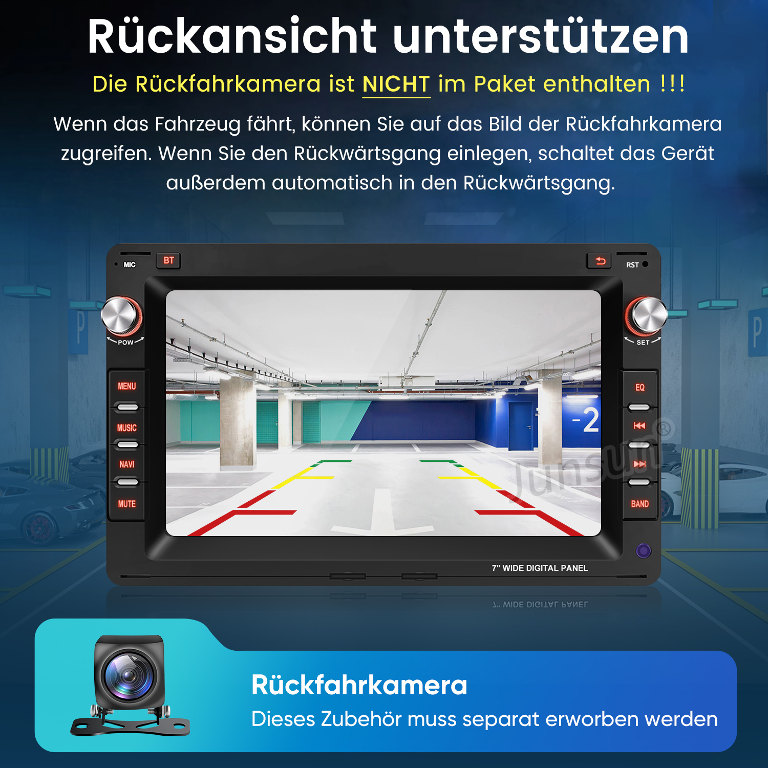 Ein Autoradio zeigt eine Rückfahrkamera-Ansicht eines Parkhauses.