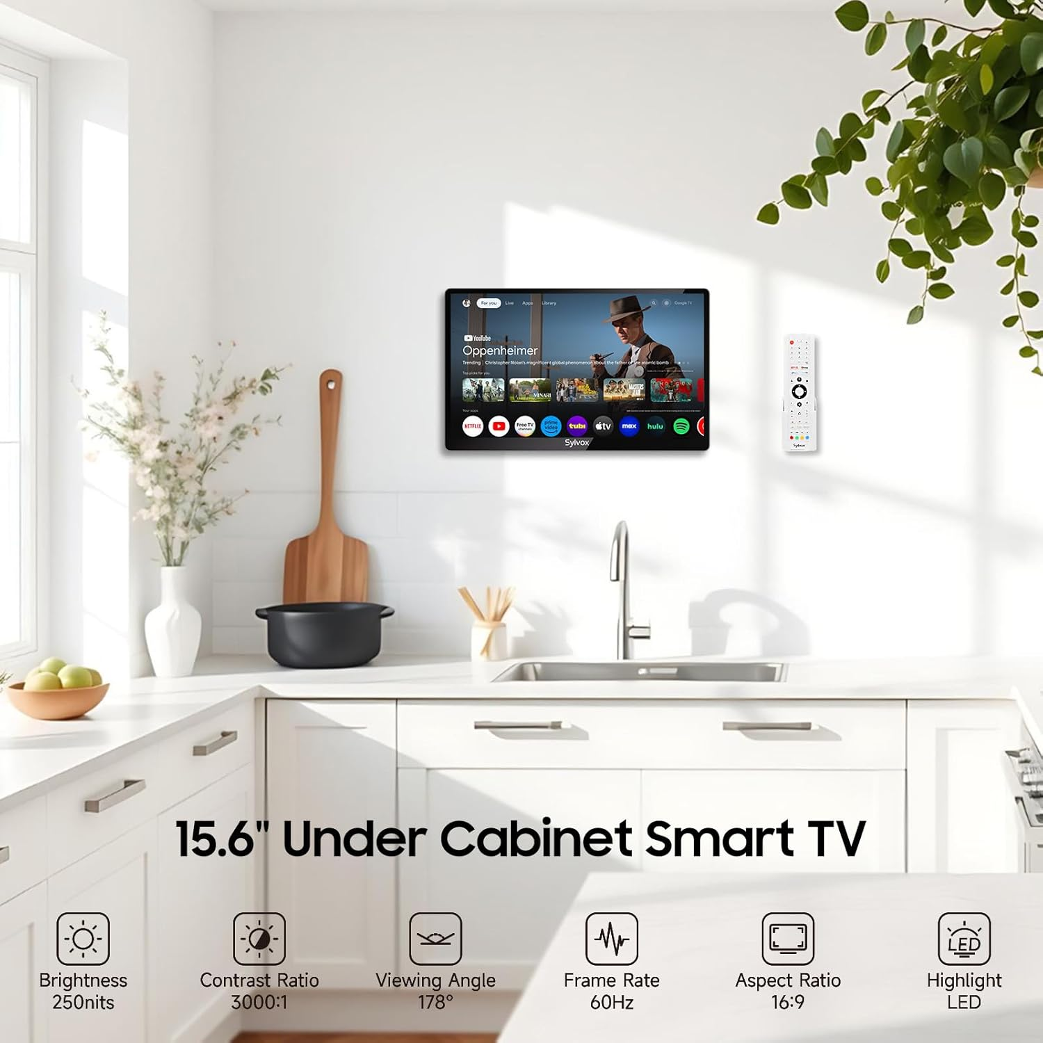 Ein 15,6-Zoll-Smart-TV unter dem Schrank zeigt 