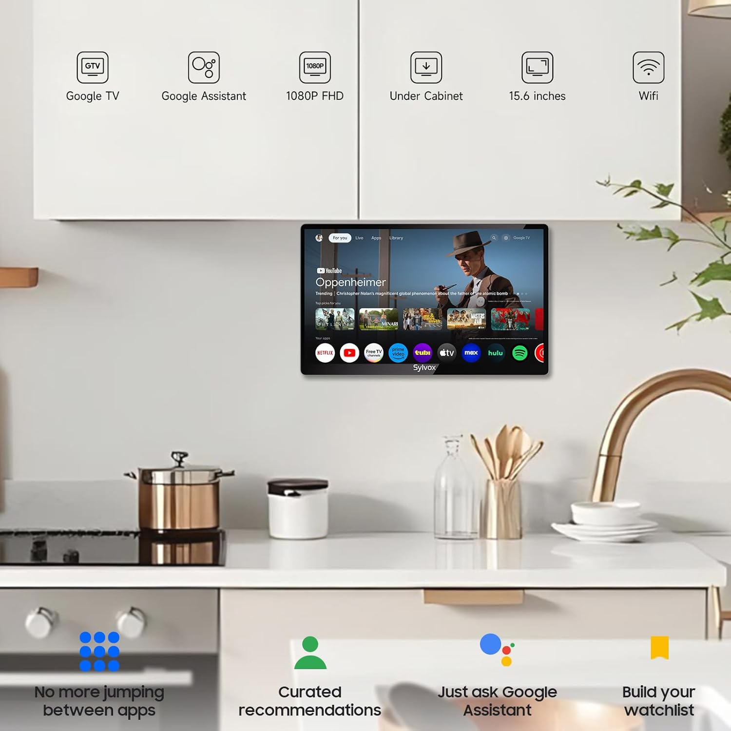 Ein 15,6-Zoll-Smart-TV mit Google TV, 1080p FHD, montierbar unter Schränken.