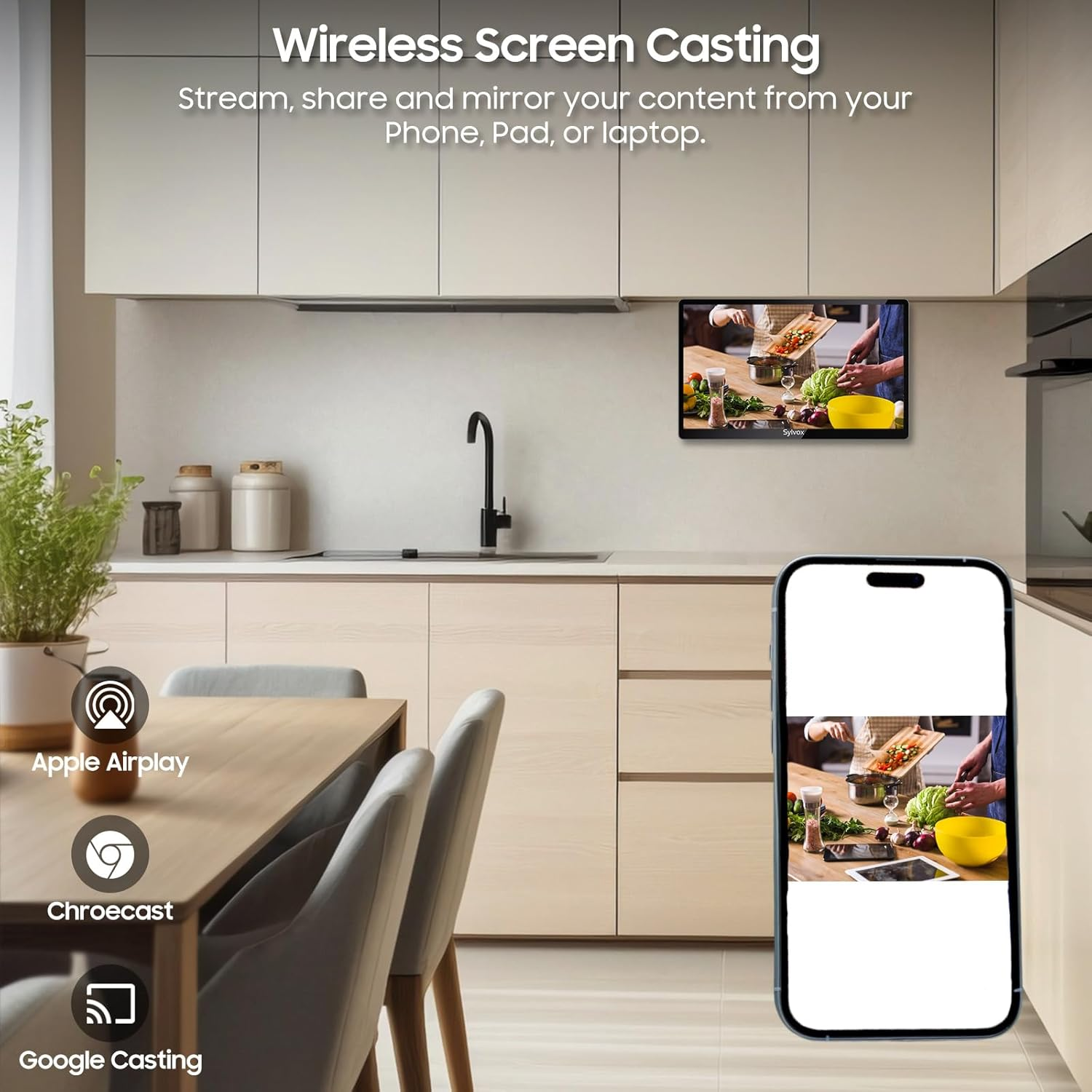 Küche mit Fernseher, der Kochvideo zeigt, und Smartphone mit Kochvideo.