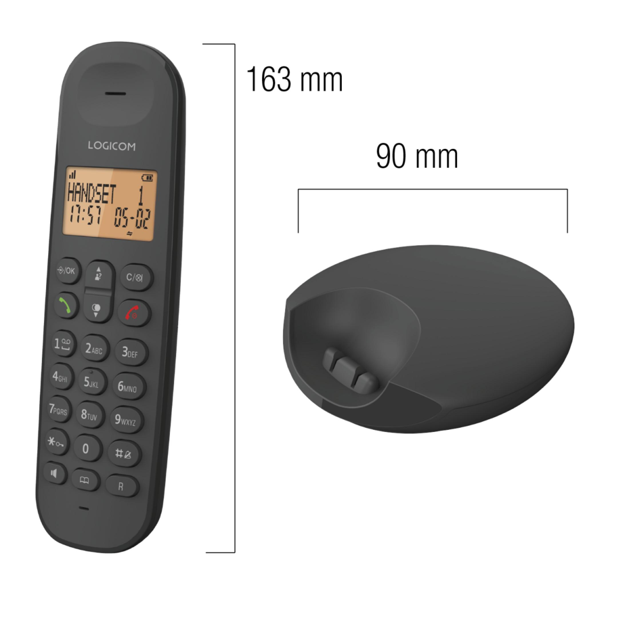 Ein schwarzes schnurloses Telefon und seine Basisstation mit Maßen.