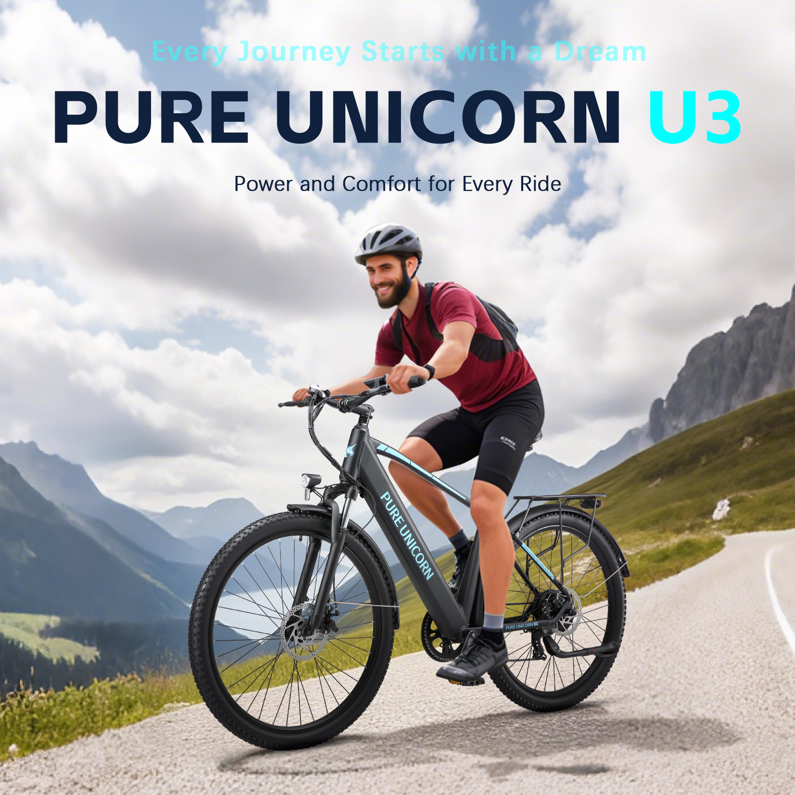 Ein Mann fährt ein E-Bike auf einer Bergstraße. Text: PURE UNICORN U3.
