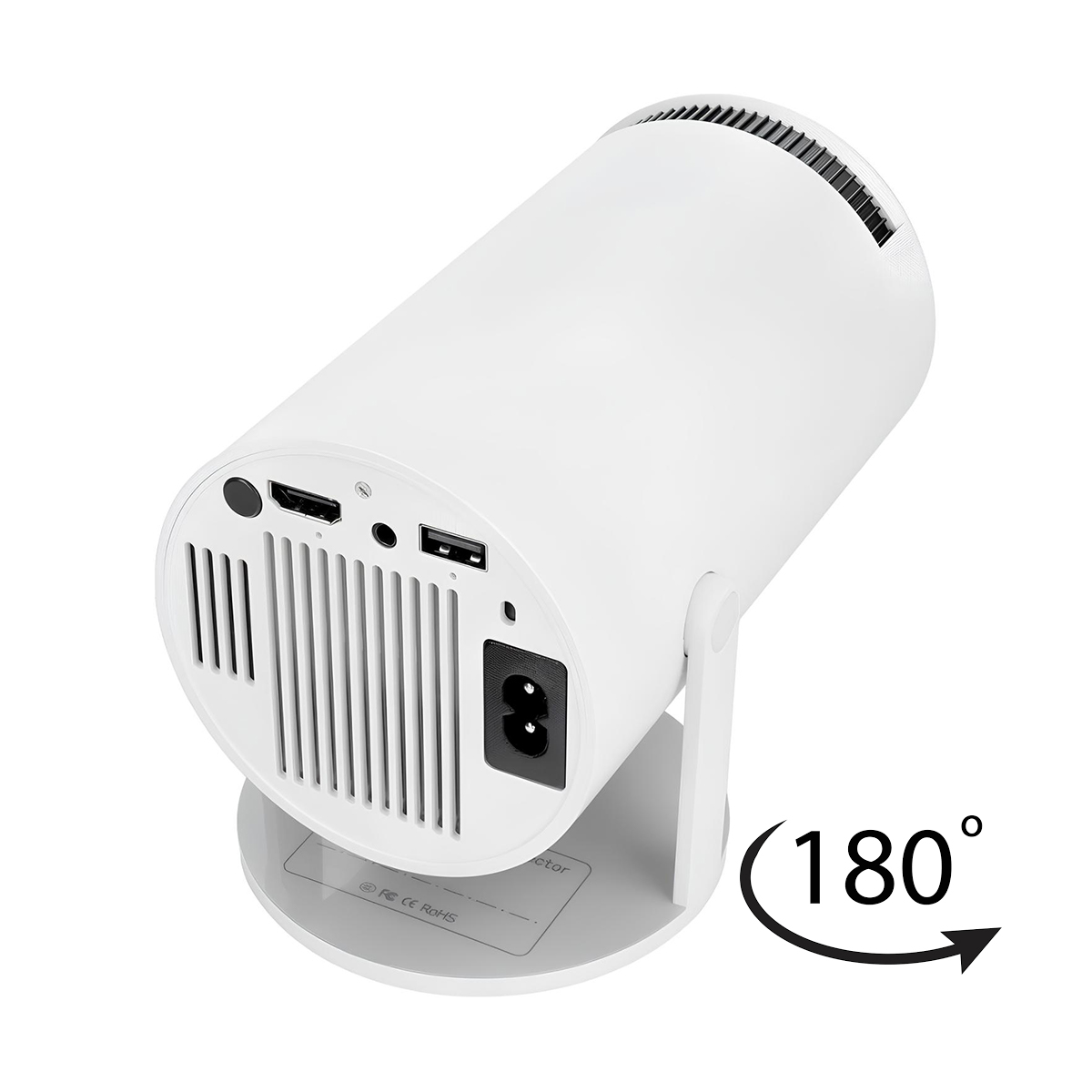 Proiettore bianco con porte HDMI, USB e ingresso di alimentazione, montato su supporto.