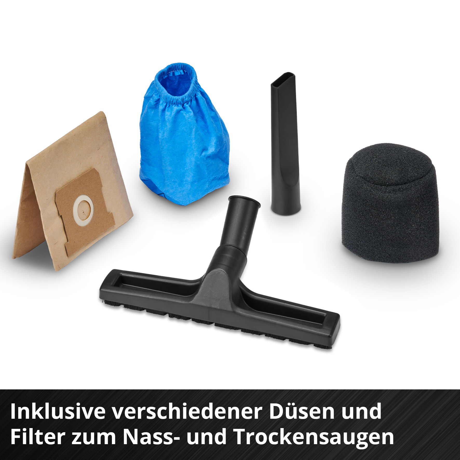 Vakuumzubehör: Bodendüse, Fugendüse, Schaumstofffilter, Staubbeutel, blauer Beutel.