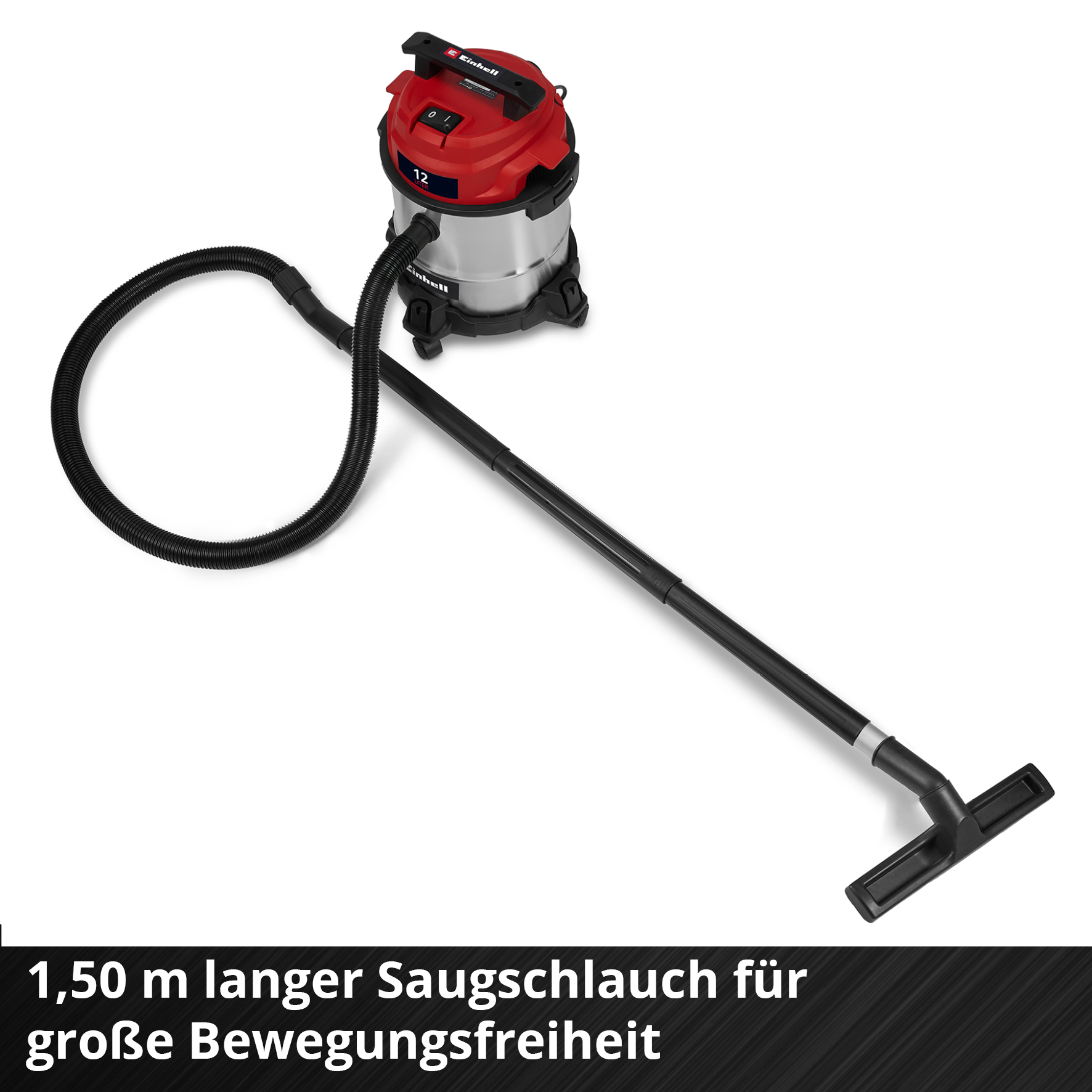 Einhell Nass-/Trockensauger mit silbernem Tank, rotem Deckel und schwarzem Zubehör.