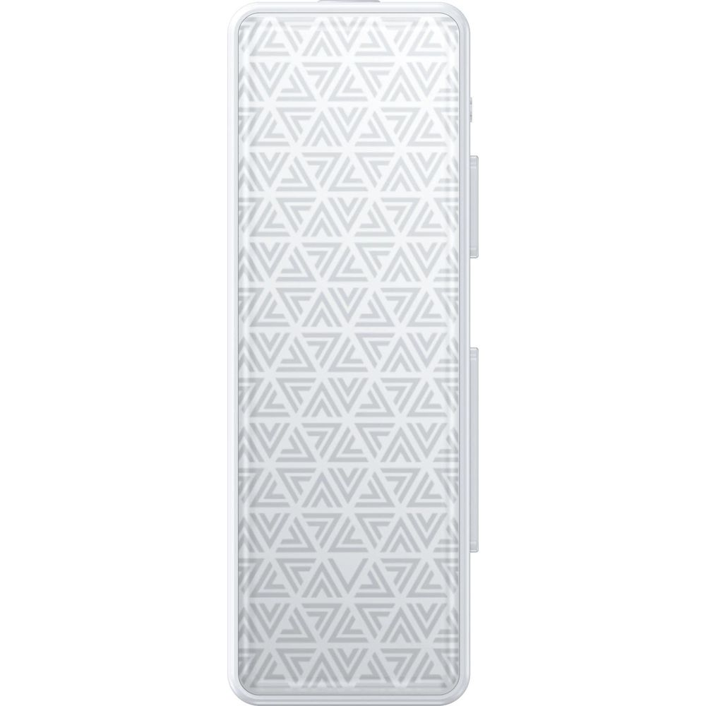 Un dispositivo blanco con un patrón geométrico de triángulos grises.