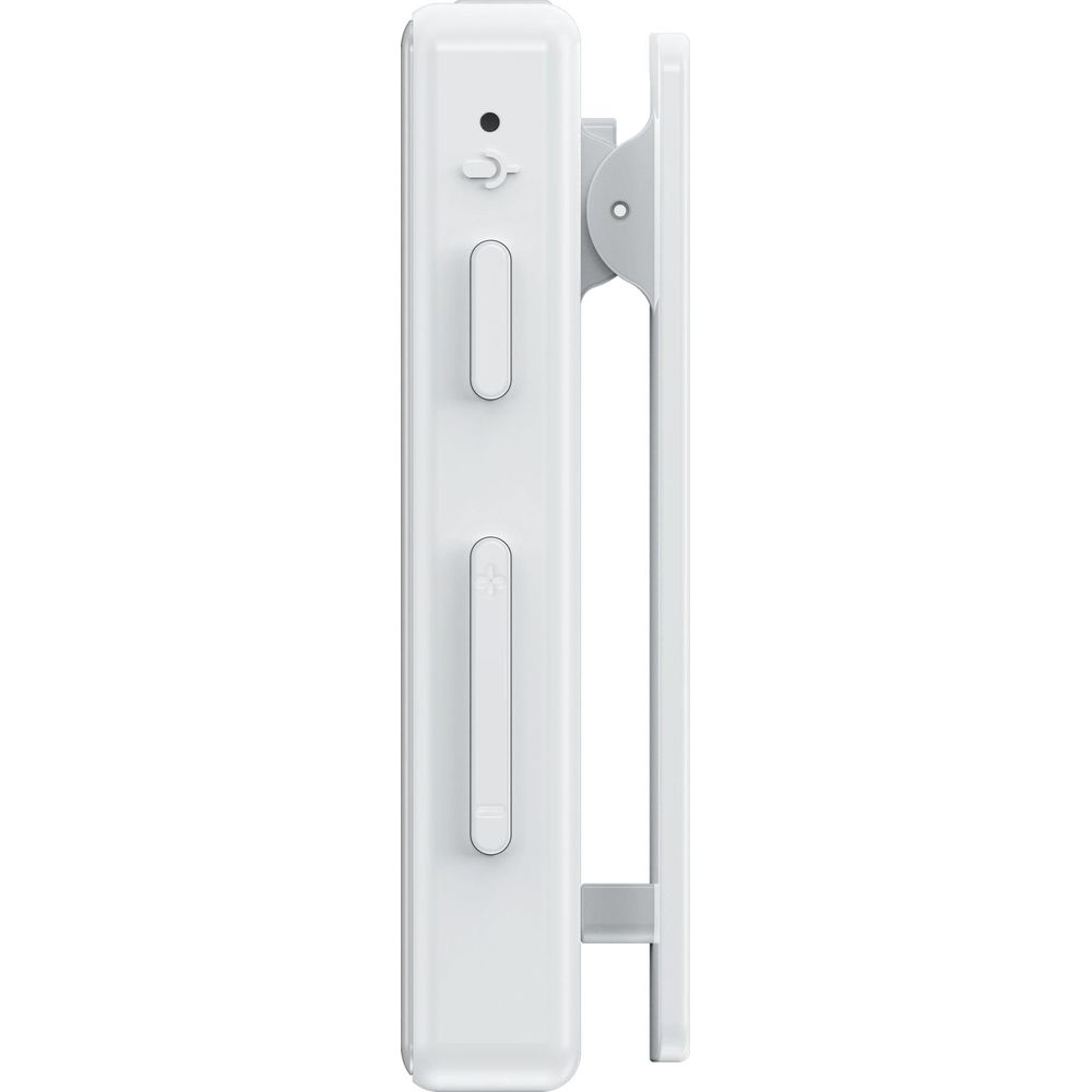 Un dispositivo blanco con botones y un clip. Enfocado en el dispositivo.