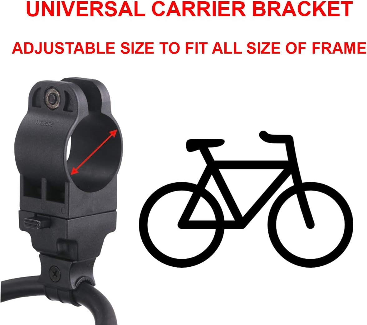 Staffa nera per portabici che mostra la dimensione regolabile e un'icona di bicicletta.